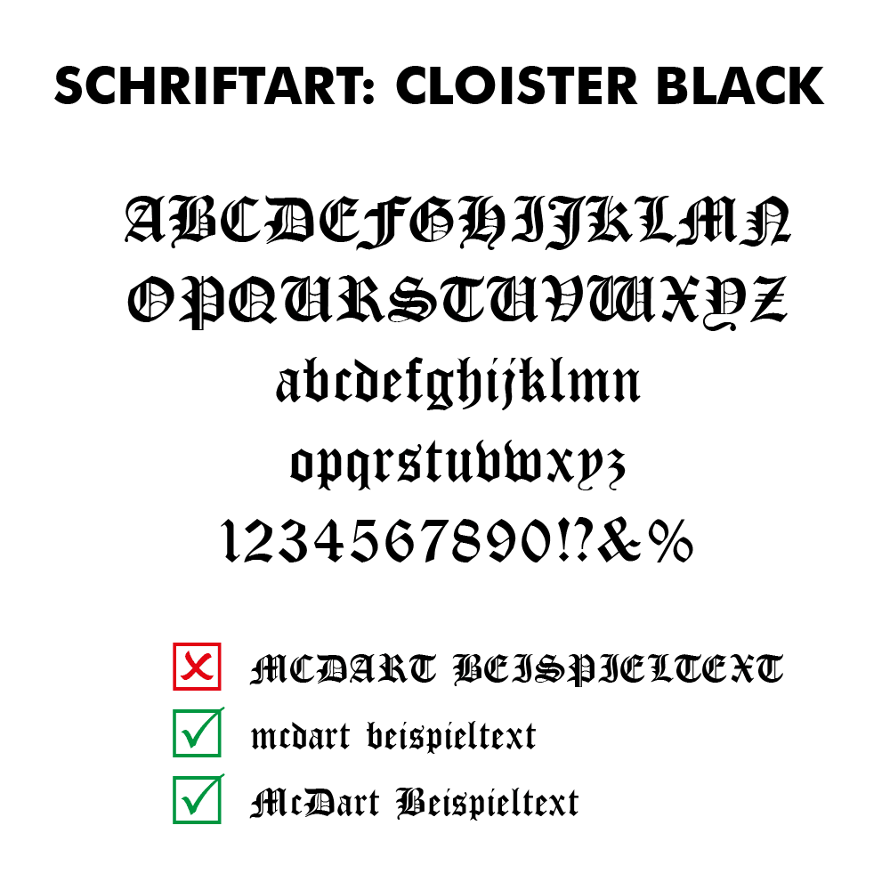 Flightdruck-Schriftart-Cloister-BlackzHqmL8VdNStUn Das Bild zeigt die Schriftart "Cloister Black" mit Beispielbuchstaben, Zahlen und Satzzeichen. Unten werden richtige und falsche Schreibweisen für Beispieltexte mit Häkchen und Kreuz markiert.