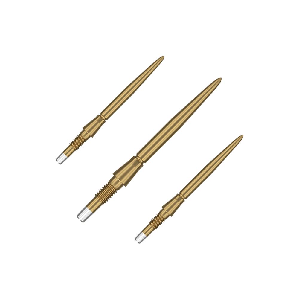 Target Swiss Storm Point Dart Tips - Gold Das Bild zeigt drei goldene Dartspitzen, die nebeneinander angeordnet sind. Sie haben ein schlankes, spitzes Design mit einem silbernen Schraubgewinde am Ende.