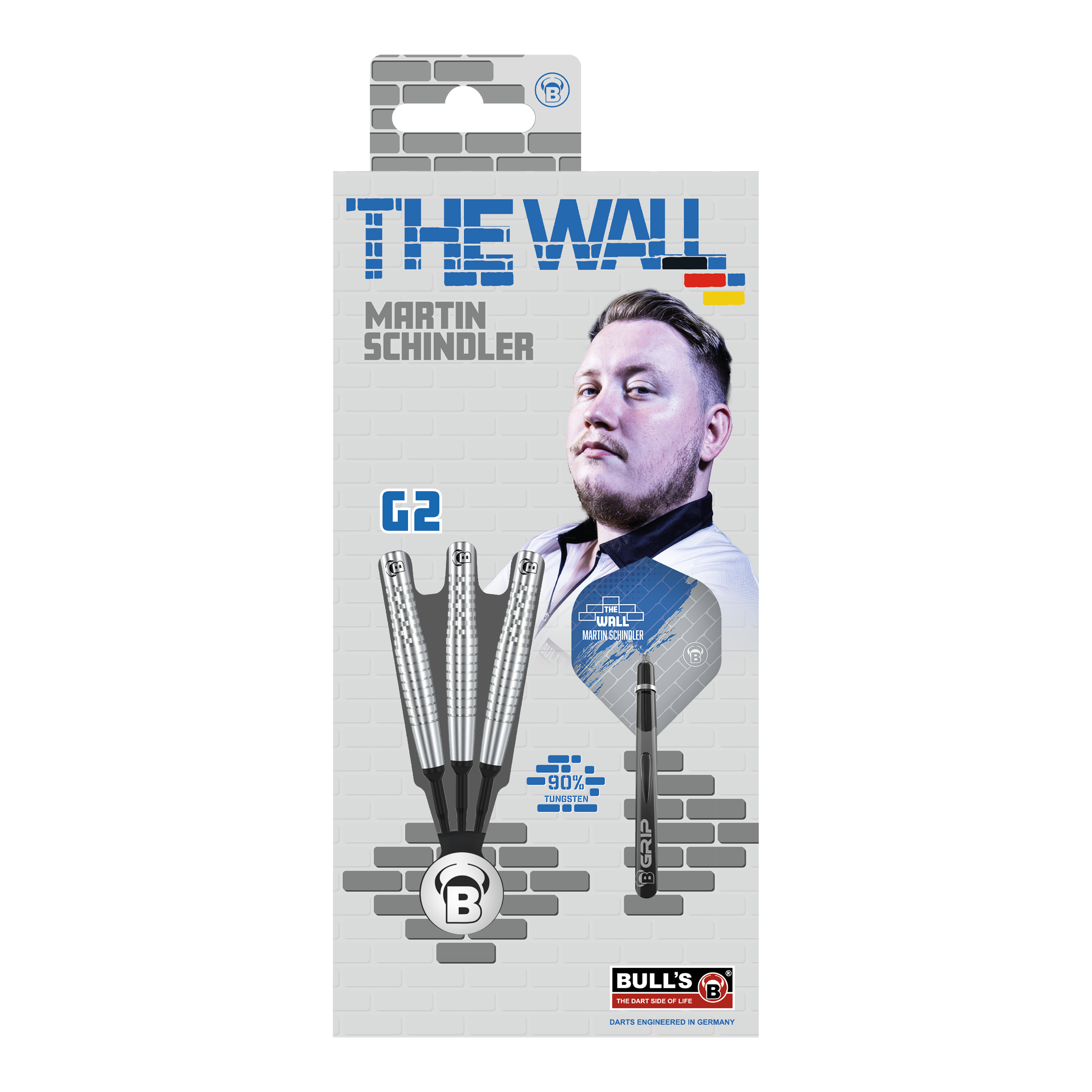 Bulls Martin Schindler Original Generation 2 soft darts Die Verpackung zeigt die "Bulls Martin Schindler Original Generation 2 Softdarts". Auf der Vorderseite ist ein Bild von Martin Schindler und die Darts selbst abgebildet.