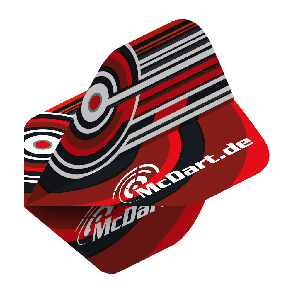McDart Design V4 Standard Flights Das Bild zeigt die McDart Design V4 Standard Flights. Sie sind in Rot, Schwarz und Weiß gestaltet und tragen den Schriftzug "McDart.de".