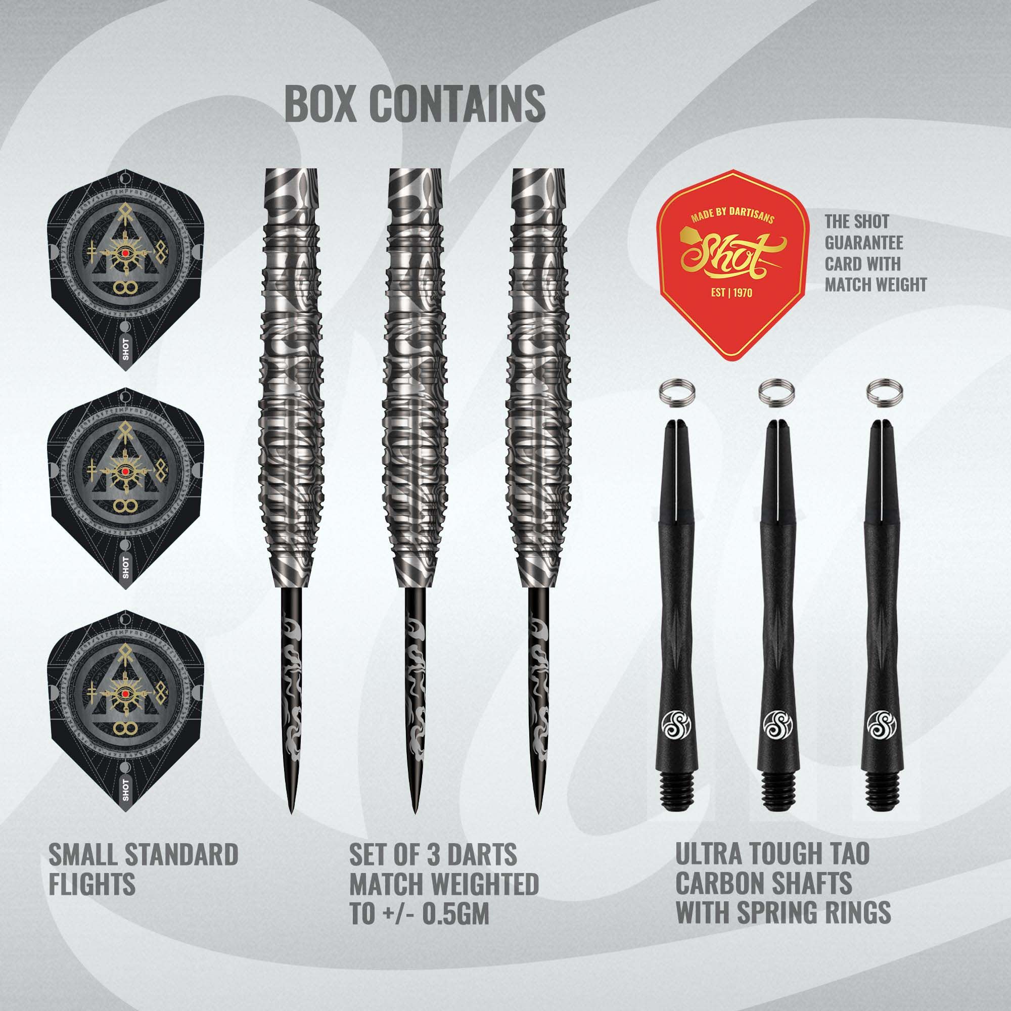Shot Alchemy Runstel Steel Darts Das Foto zeigt die Shot Alchemy Runstel Steeldarts. Das Produkt ist im Porträt zu sehen.
