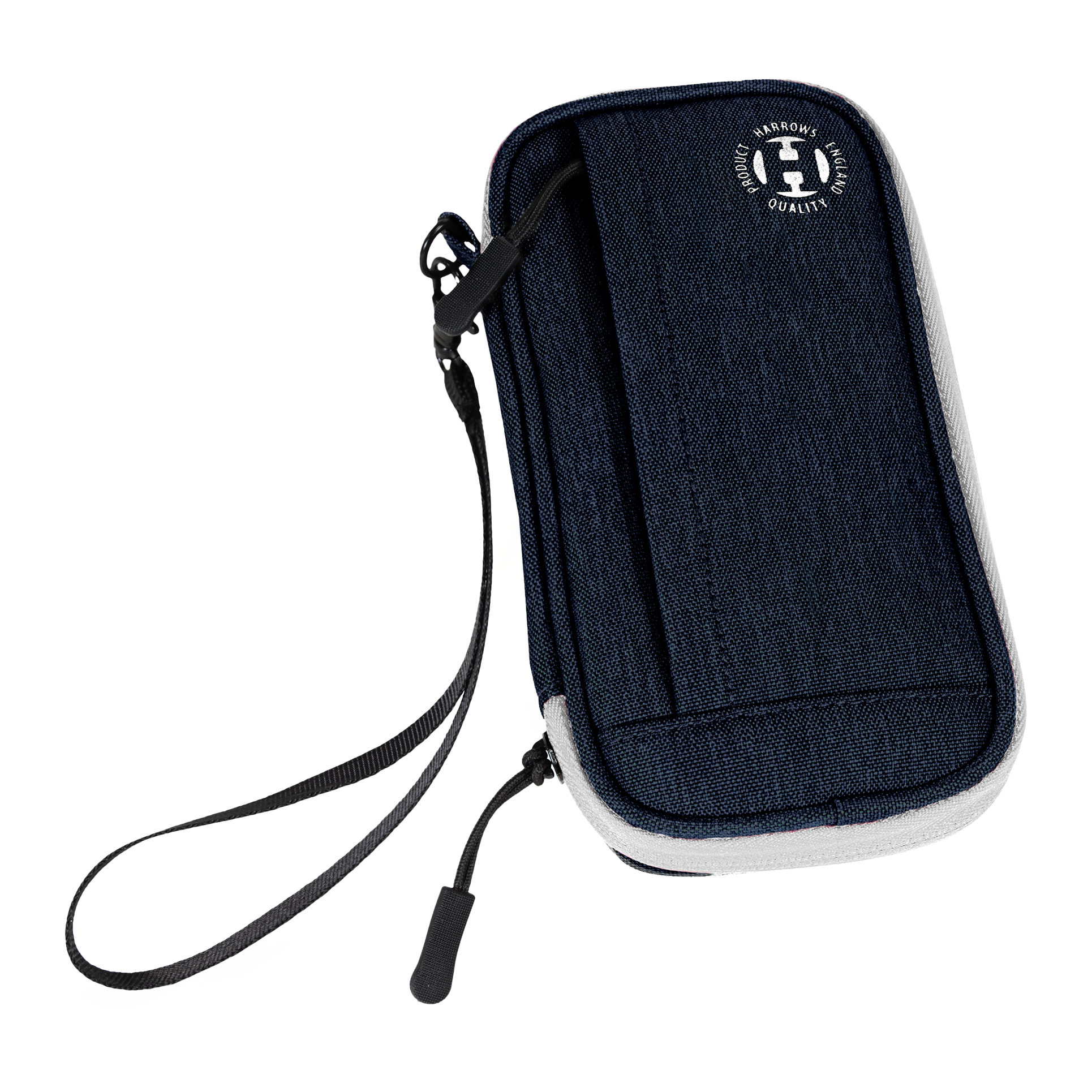 Harrows Smart Case Dartwallet Dies ist ein blaues Dart-Etui mit einer Handschlaufe. Auf der Vorderseite befindet sich ein rundes Harrows-Logo.