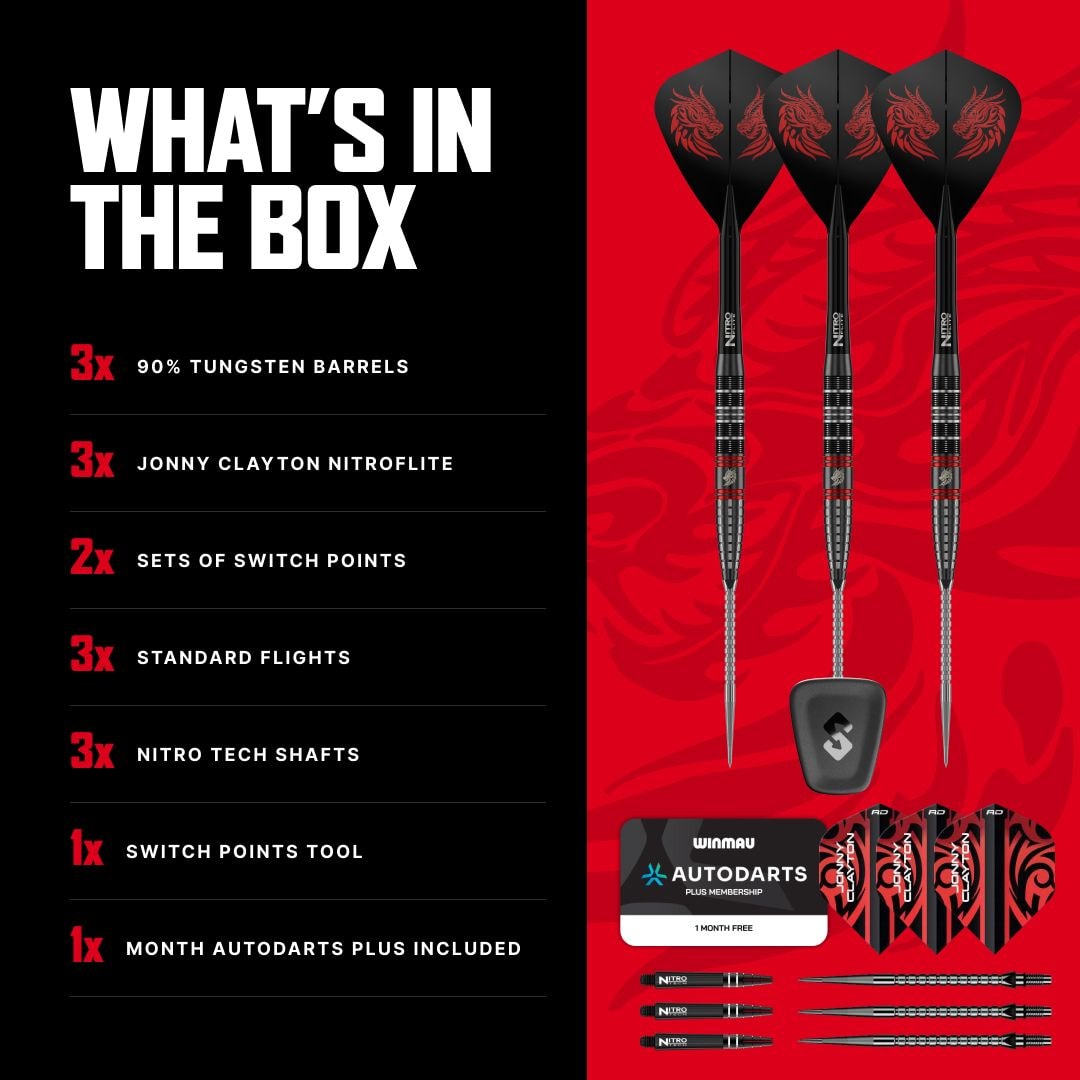 Das Foto zeigt die Red Dragon Jonny Clayton RD-ULTRA Switch Point Steeldarts mit einem Gewicht von 22 Gramm. Die Darts werden im Detail präsentiert.