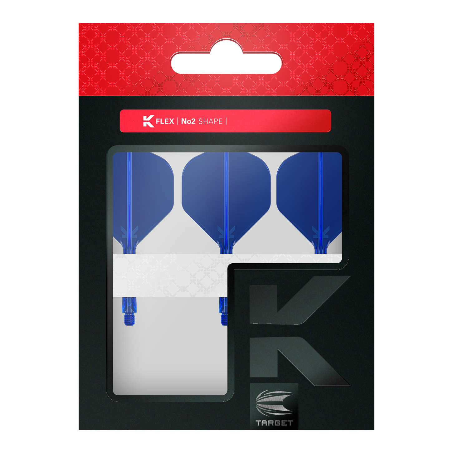 Target K-Flex No2 Standard Flight System - Blue Die Verpackung enthält drei blaue Dart-Flights im No2-Standard-Format von der Marke Target. Im oberen Bereich steht "K Flex | No2 Shape" auf einem roten Streifen.
