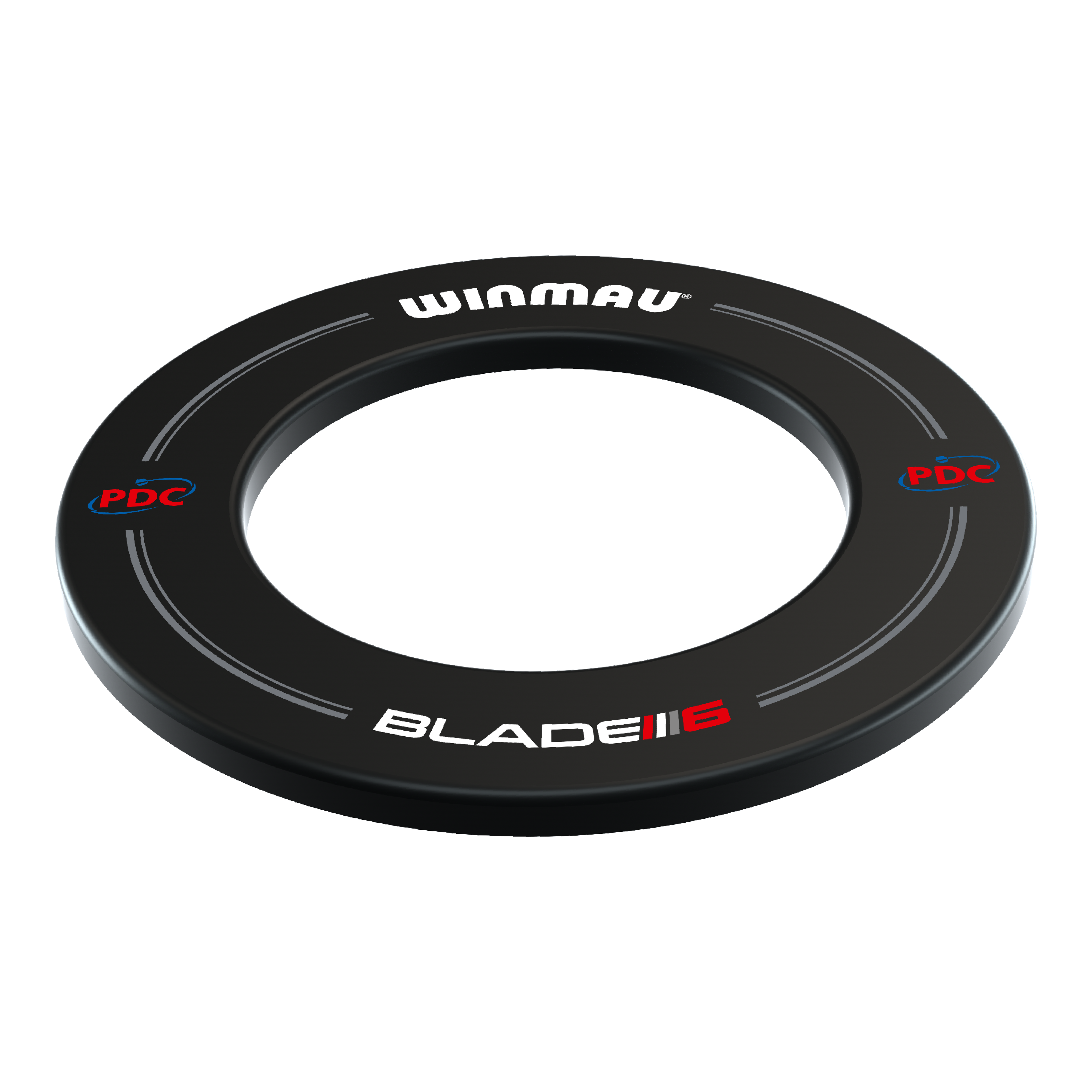 Winmau PDC Dartboard Surround - Black Das Bild zeigt einen schwarzen Winmau PDC Dartboard Surround. Auf dem Ring stehen die Worte "WINMAU", "BLADE 6" und "PDC" in weißer und roter Schrift.