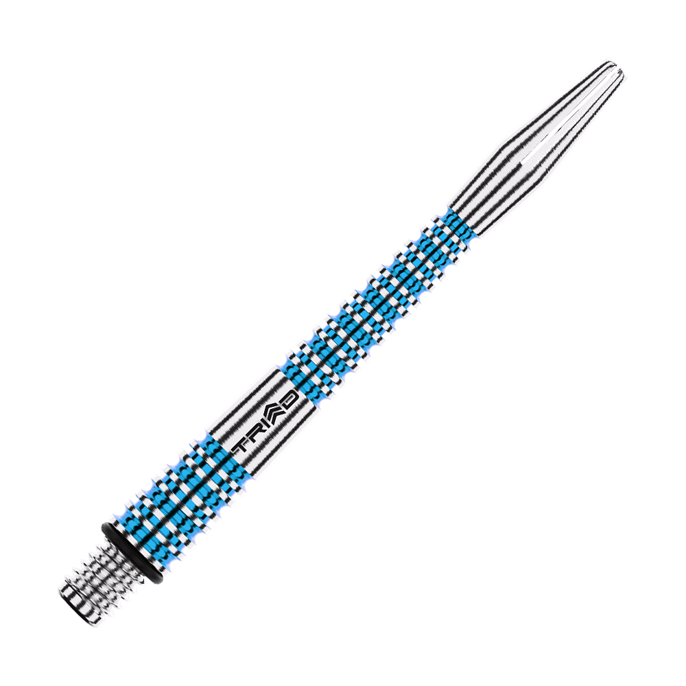Das Bild zeigt einen blauen und silbernen Aluminium-Dartshaft mit dem Schriftzug "TRIAD". Der Schaft hat eine gerändelte Oberfläche für besseren Halt und ist 46 mm lang.