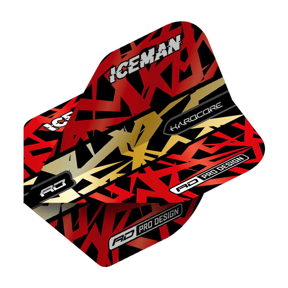 TF6871_Red_Dragon_Hardcore_Gerwyn_Price_Red_Gold_Premium_Standard_Flights_2 Das Bild zeigt eine Dart-Flugfeder mit einem auffälligen roten, goldenen und schwarzen Design. Auf der Feder stehen die Wörter "ICEMAN", "HARDCORE" und "RD PRO DESIGN".
