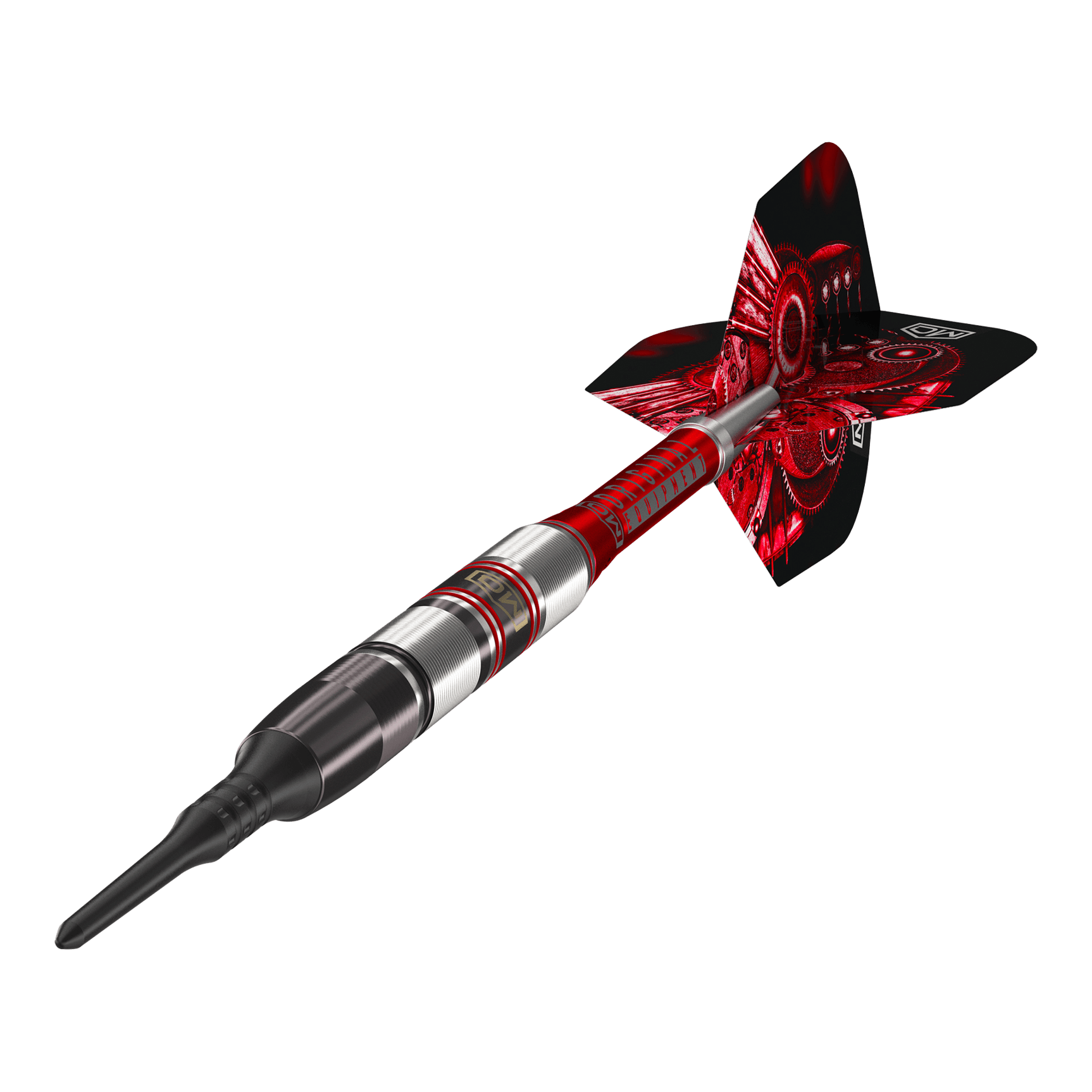 DW Piranha Razor 02 Softdarts Das Bild zeigt den DW Piranha Razor 02 Softdart. Der Dart hat ein modernes Design mit roten und silbernen Akzenten.