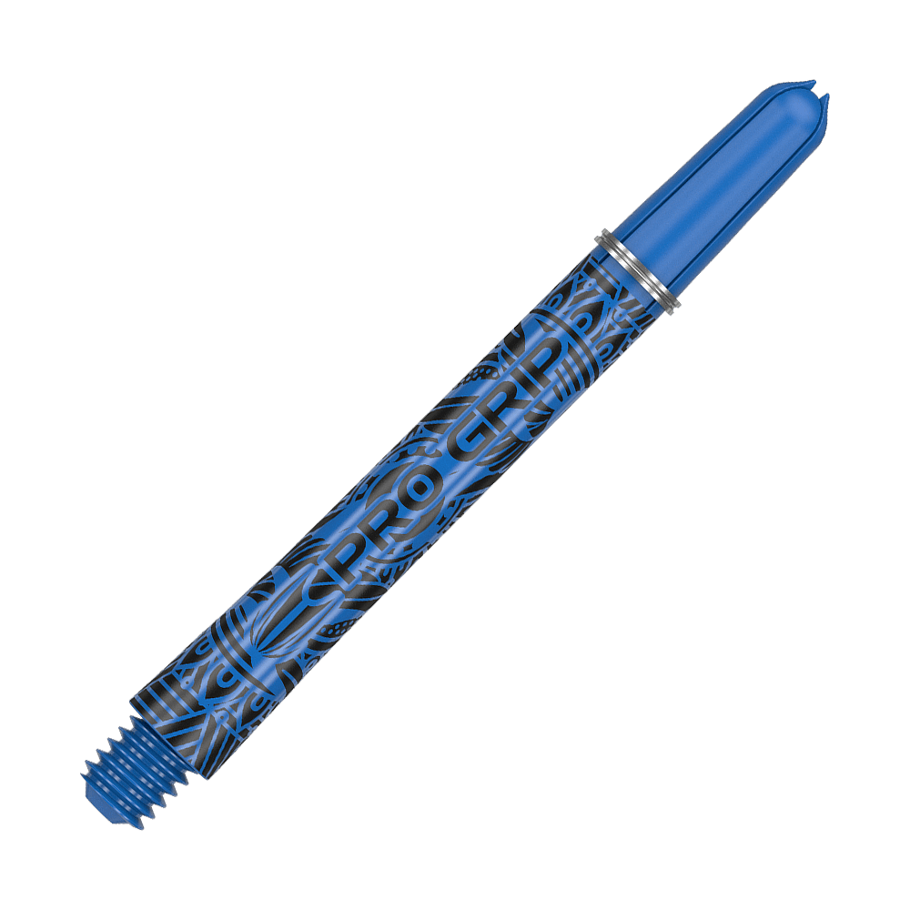 Auf dem Bild ist ein blauer Dartshaft mit der Aufschrift "PRO GRIP" zu sehen. Das Design ist mit schwarzen Mustern verziert und das Material sieht aus Kunststoff aus.