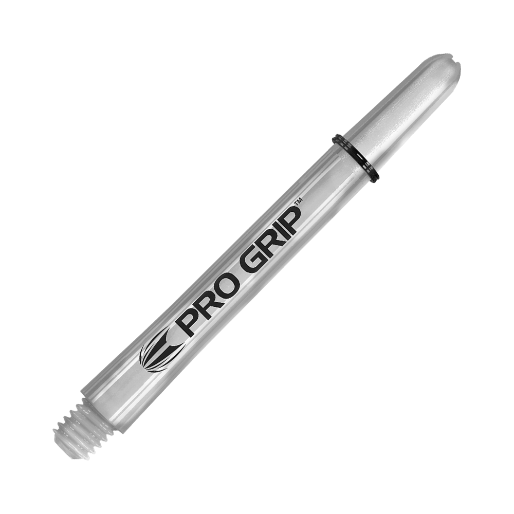 Das Bild zeigt einen transparenten "Pro Grip" Schafts für Darts. Der Schaft ist 48 mm lang und hat ein einfaches, klares Design.