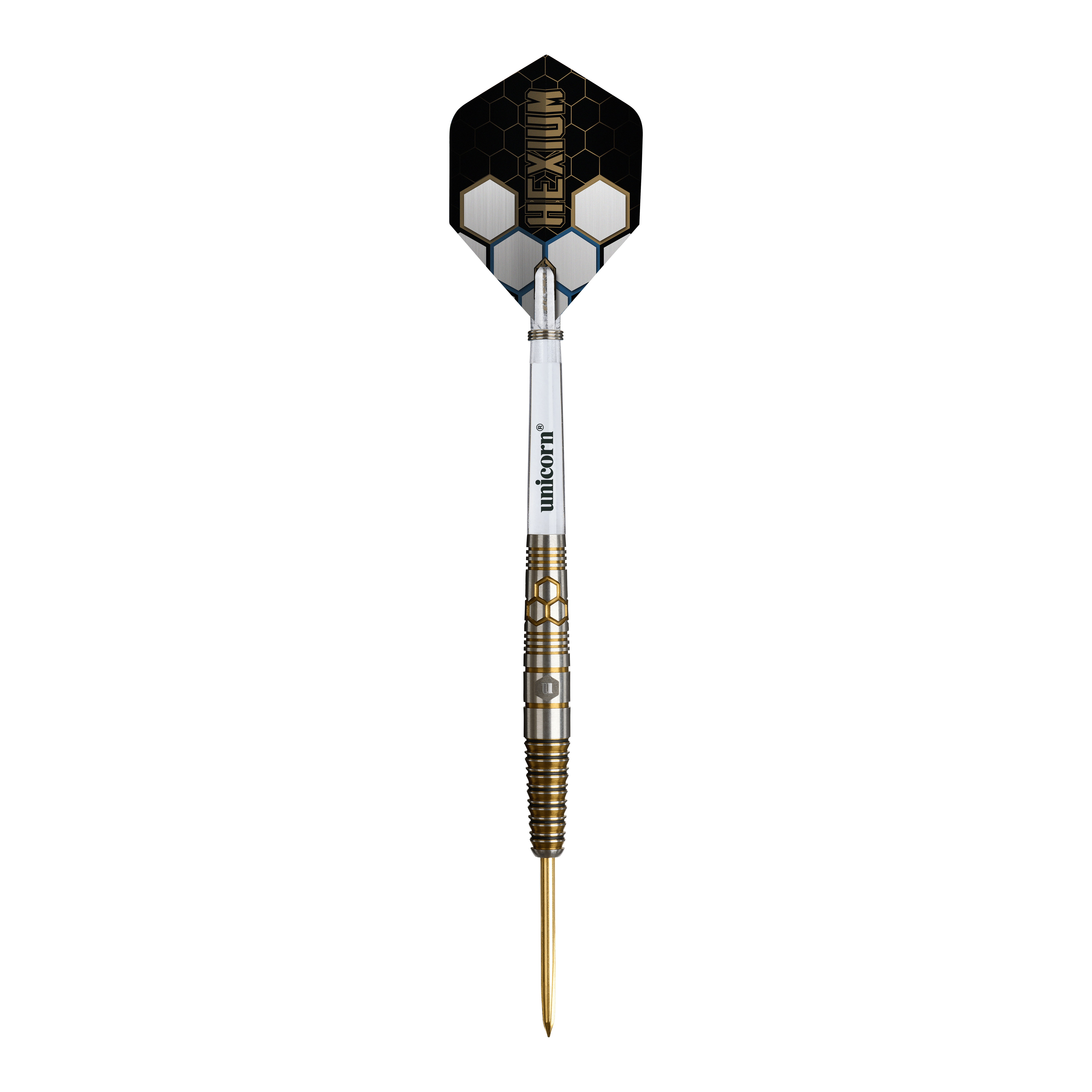 Unicorn Hexium Style 03 Gold & Black Steeldarts werden in dieser Abbildung dargestellt. Die besondere Gold-Schwarz-Optik hebt die Darts hervor.