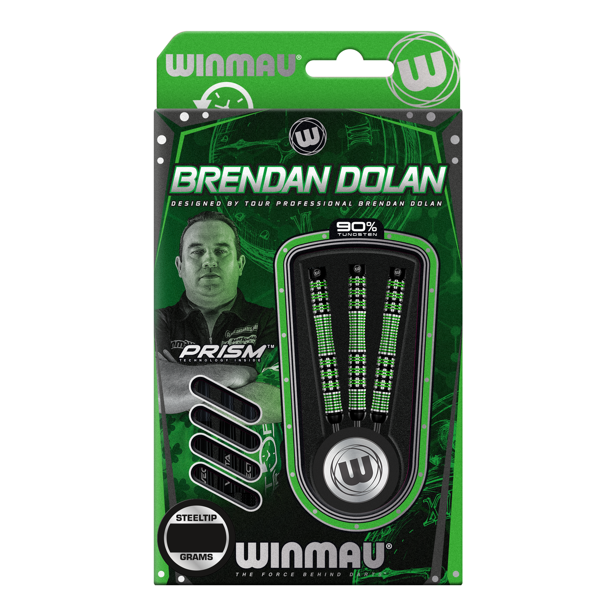 Winmau Brendan Dolan steel darts Die Abbildung zeigt eine Verpackung der Winmau Brendan Dolan Steeldarts. In der Packung sind drei Darts mit schwarzem und grünem Design zu sehen.