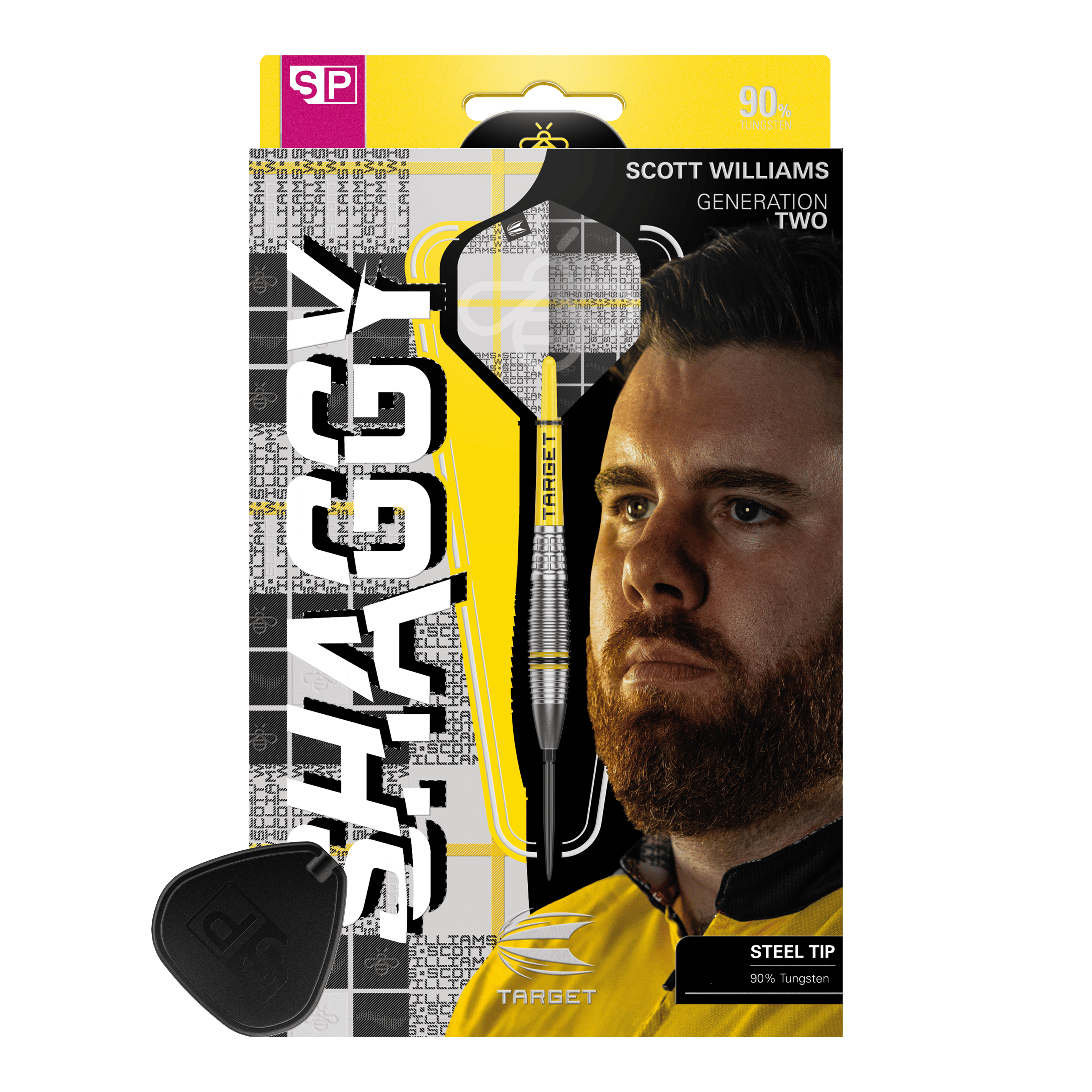 Target Scott Williams GEN2 Swiss Point steel darts Das Bild zeigt die Verpackung der Target Scott Williams GEN2 Swiss Point Steeldarts. Auf der Verpackung ist ein Porträt von Scott Williams und ein einzelner Dart mit Stahlspitze abgebildet.