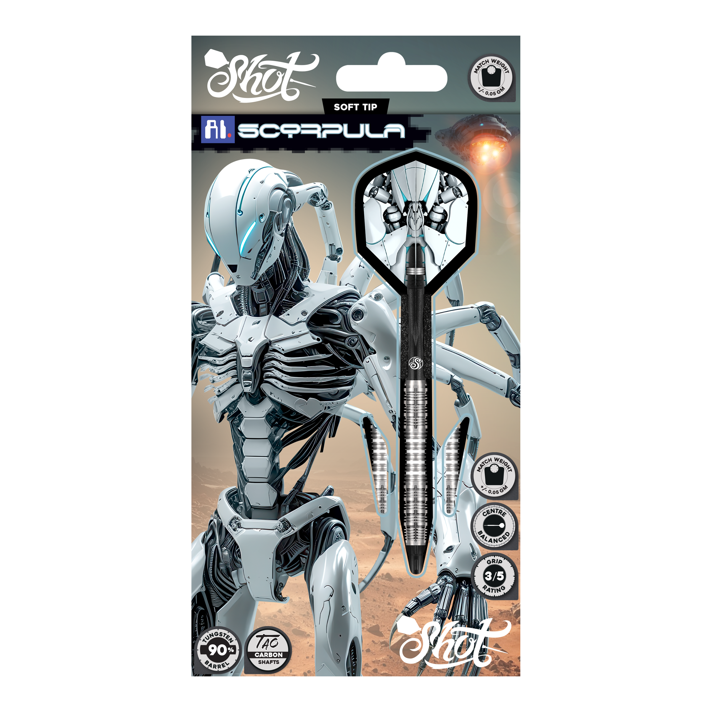 Shot AI Scorpula Soft Darts - 20g Das Bild zeigt die Shot AI Scorpula Softdarts mit einem Gewicht von 20g. Die Darts sind detailliert und für das Softdart-Spiel konzipiert.