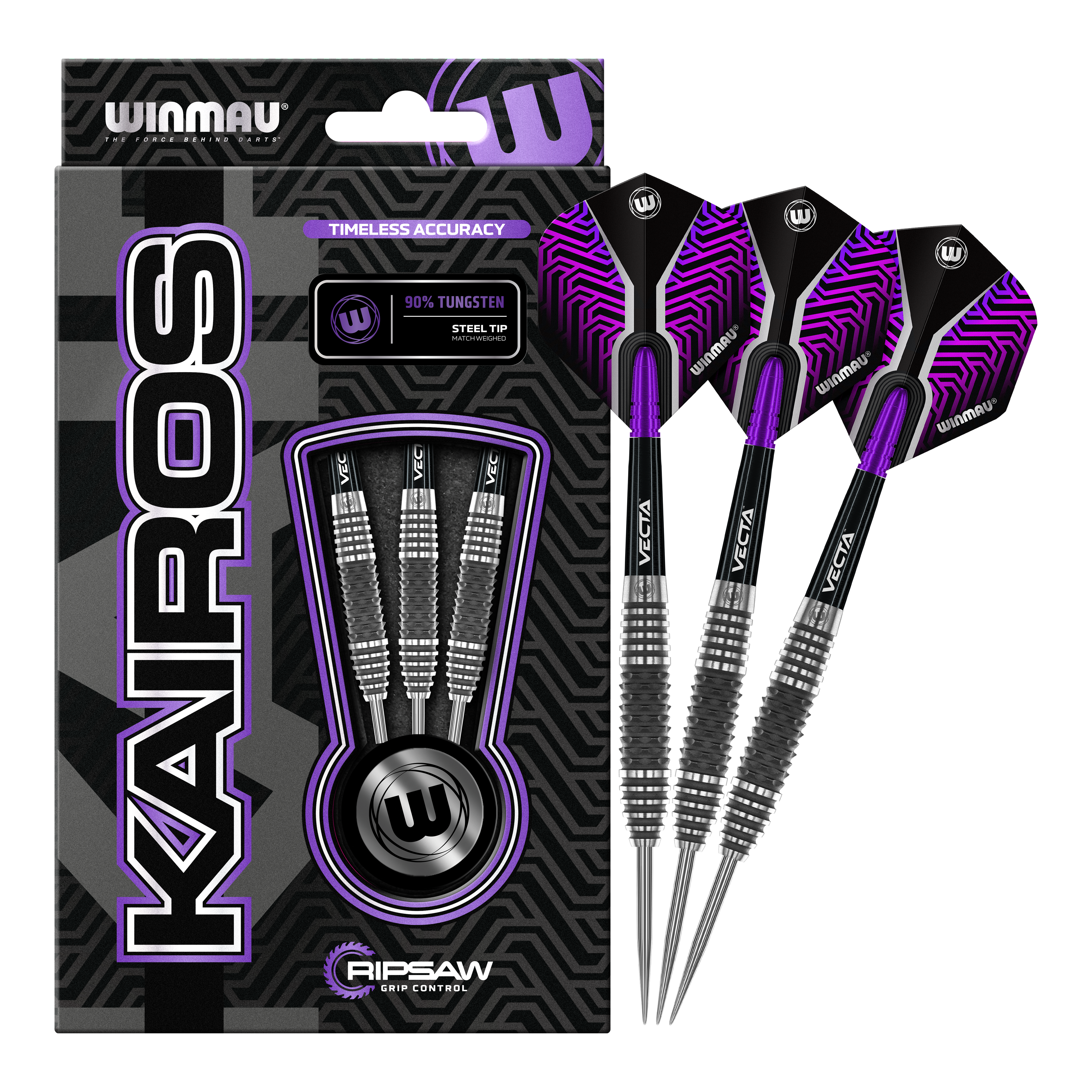 Winmau Kairos 01 Steeldarts Das Bild zeigt eine Verpackung der "Winmau Kairos 01 Steeldarts" mit drei darin enthaltenen Darts. Die Darts haben ein modernes, schwarz-lila Design und sind als 90% Tungsten Stahldarts ausgewiesen.