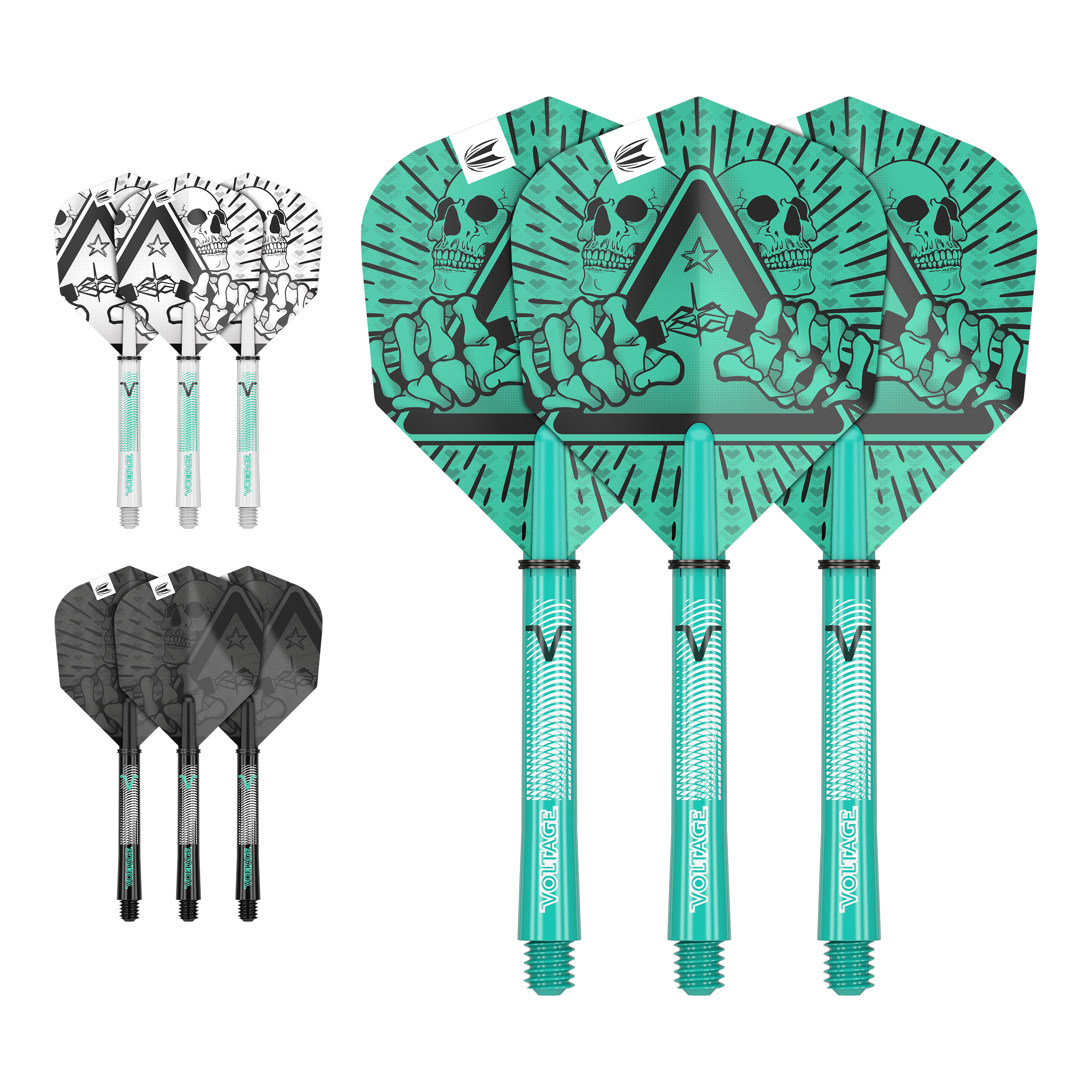 Target Ink Flight Shaft Kit Rob Cross Das Bild zeigt drei Sätze von Dartflights und -schäften in unterschiedlichen Farben und Designs. Die größten Flights haben ein auffälliges grünes Motiv mit einem Totenkopf und einer Hand.