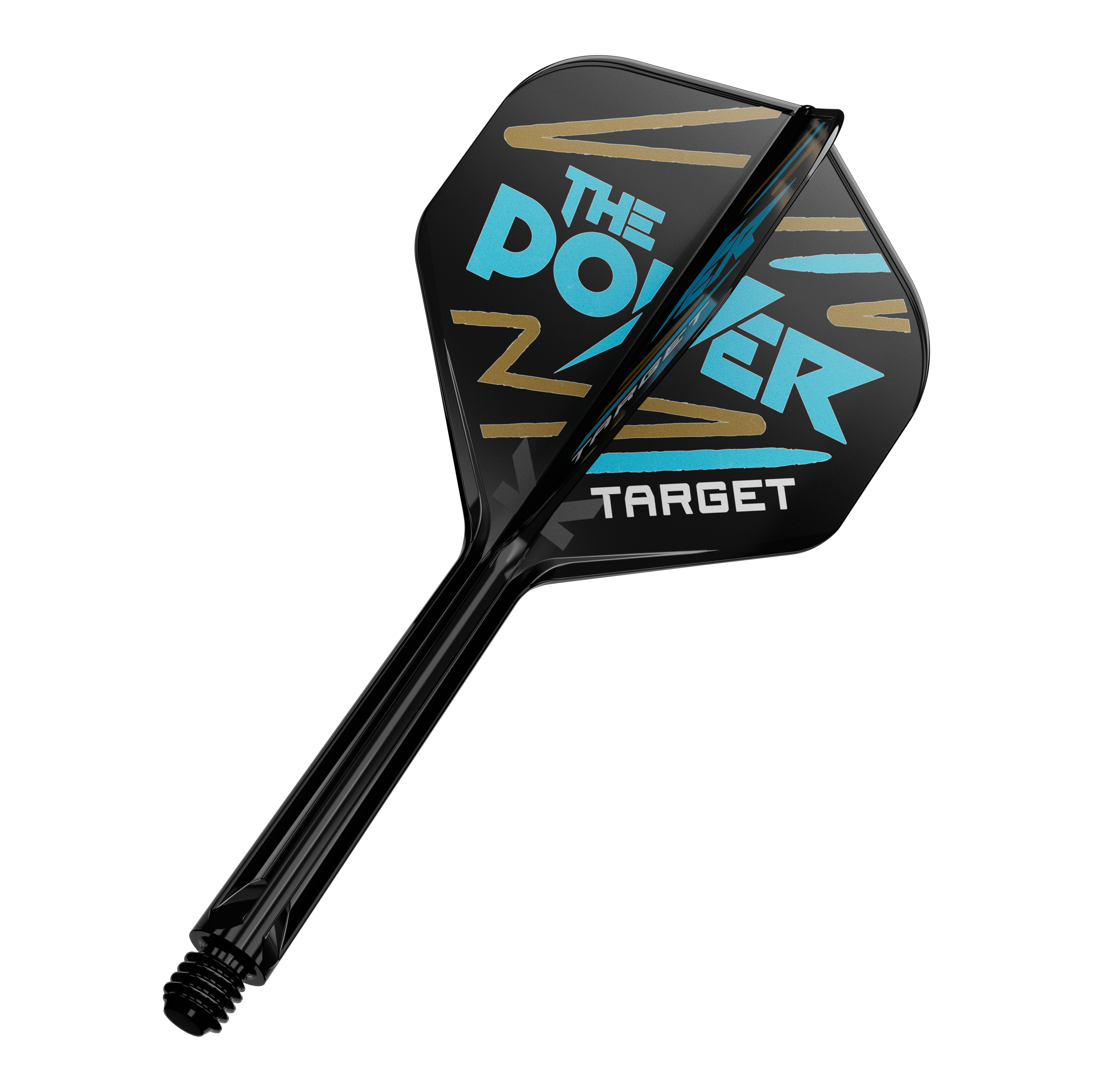 Auf dem Bild ist ein Dartpfeil mit schwarzer Flight zu sehen. Auf der Flight steht in blauer und weißer Schrift "The Power" und "Target" mit goldenen Zierstreifen.