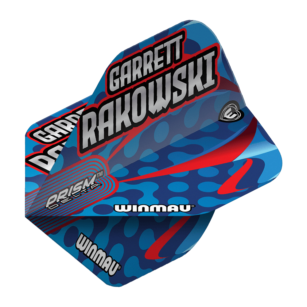 Winmau Prism Delta Garrett Rakowski Standard Flights Auf dem Bild ist ein Winmau Prism Delta Garrett Rakowski Standard Flight zu sehen. Das Design ist blau mit roten und hellblauen Akzenten und trägt den Namen "Garrett Rakowski".