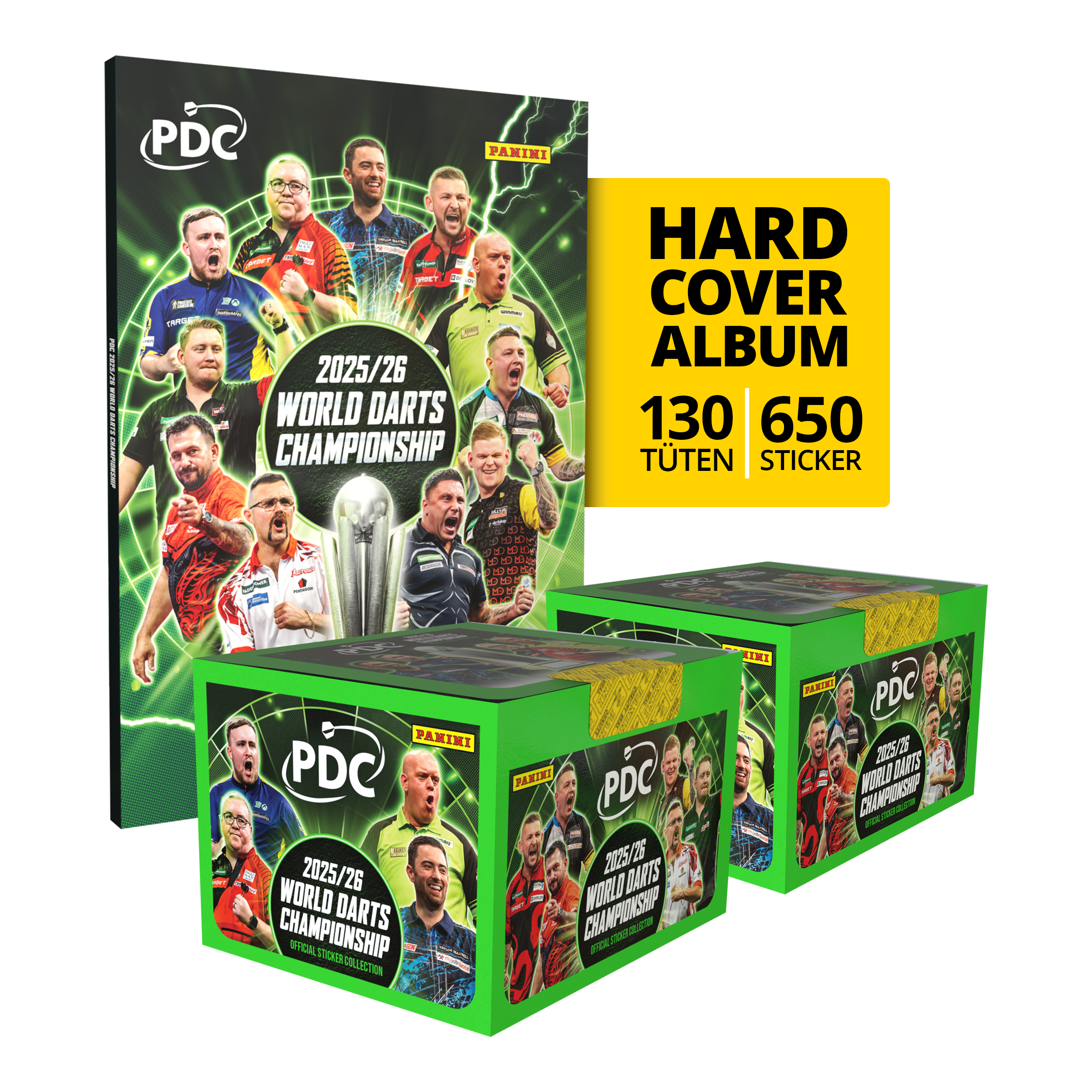 Abgebildet ist das Panini PDC World Darts Championship 2025/26 Hardcover Mega Bundle mit zwei Stickerboxen. Das Produkt eignet sich für Dart-Fans zum Sammeln und Tauschen.