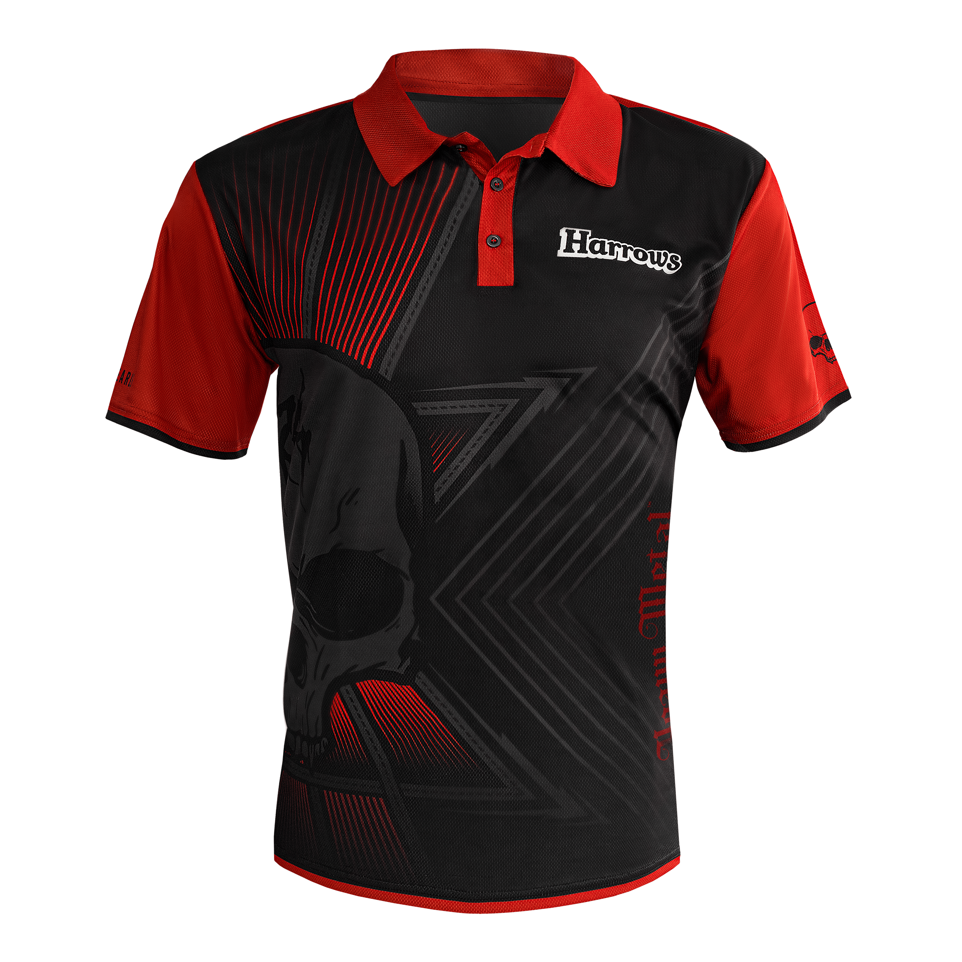 Harrow's Ryan Searle Heavy Metal Darts Shirt Das Bild zeigt das Harrows Ryan Searle Heavy Metal Dartshirt. Das Shirt ist schwarz mit roten Ärmeln und auffälligen grafischen Elementen, darunter ein Totenkopf und das Harrows-Logo.