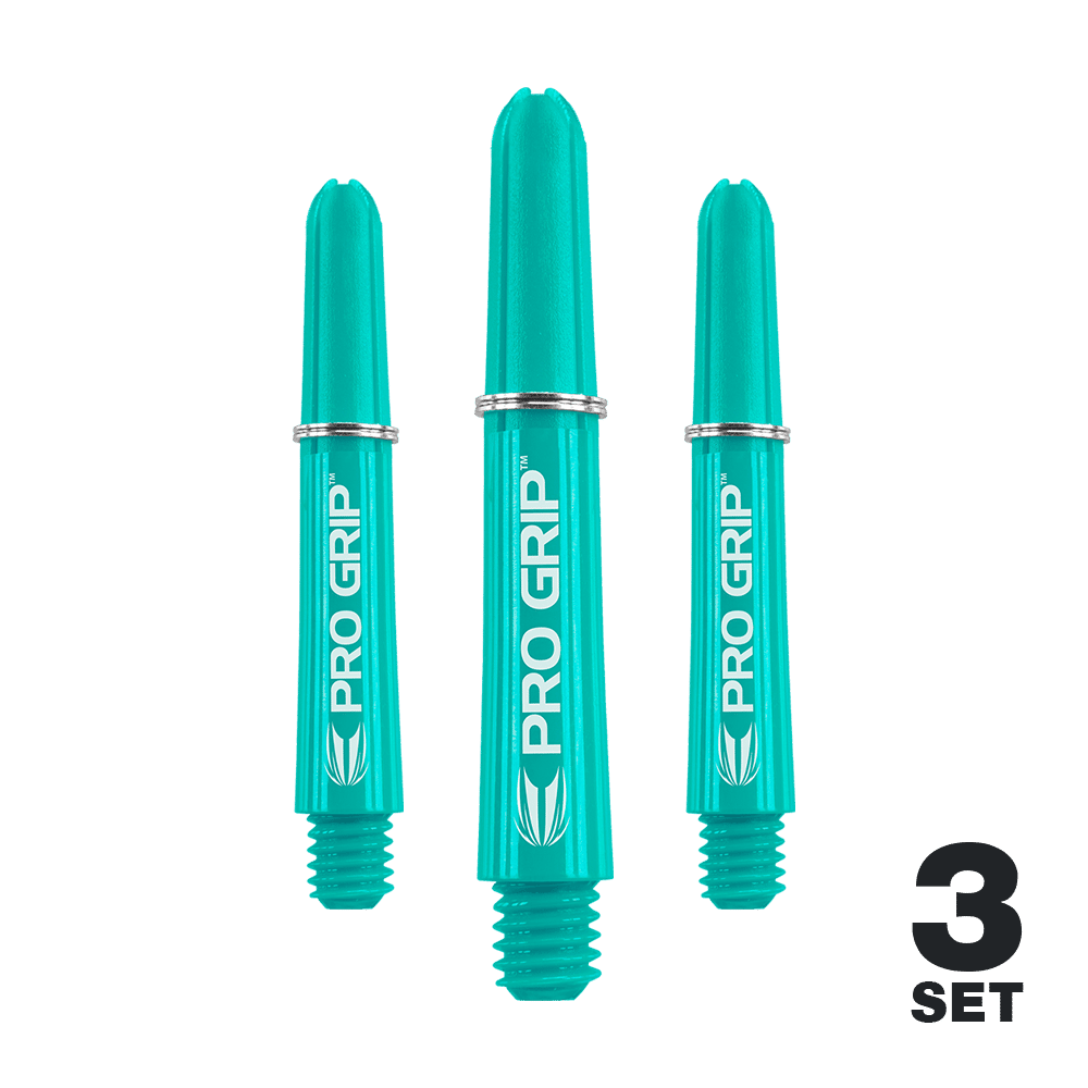 Target Pro Grip Shafts - 3 Sets - Aqua Auf dem Bild sind drei aqua-blaue Pro Grip Shafts für Darts zu sehen. In der rechten unteren Ecke steht "3 SET".