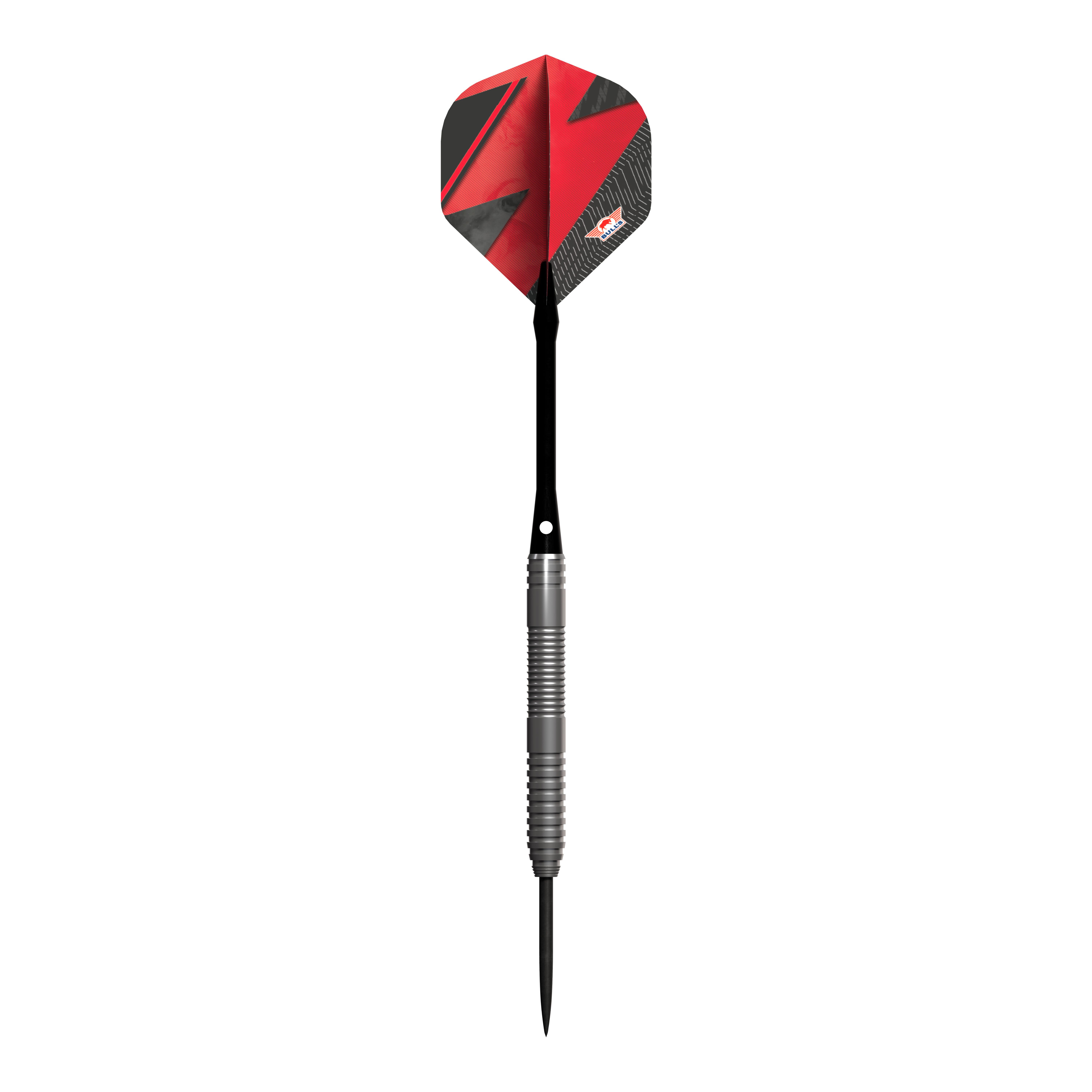 Bulls NL Lightning Red steel darts Das Bild zeigt einen Steeldart-Pfeil mit einem silbernen Griff und einer roten Flights. Der Pfeil trägt das Design und Logo der Marke Bulls NL Lightning Red.