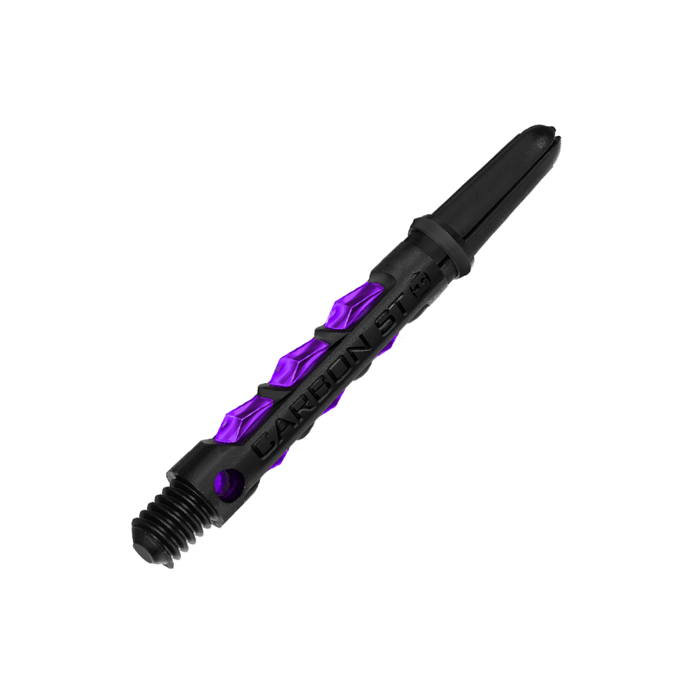 HR426_Harrows_Carbon_ST_Shafts_Lila_40mm_2 Das Bild zeigt das Produkt "Harrows Carbon ST Shafts - Lila". Es handelt sich um einen schwarzen Dart-Schaft mit lila Akzenten und der Aufschrift "CARBON ST".