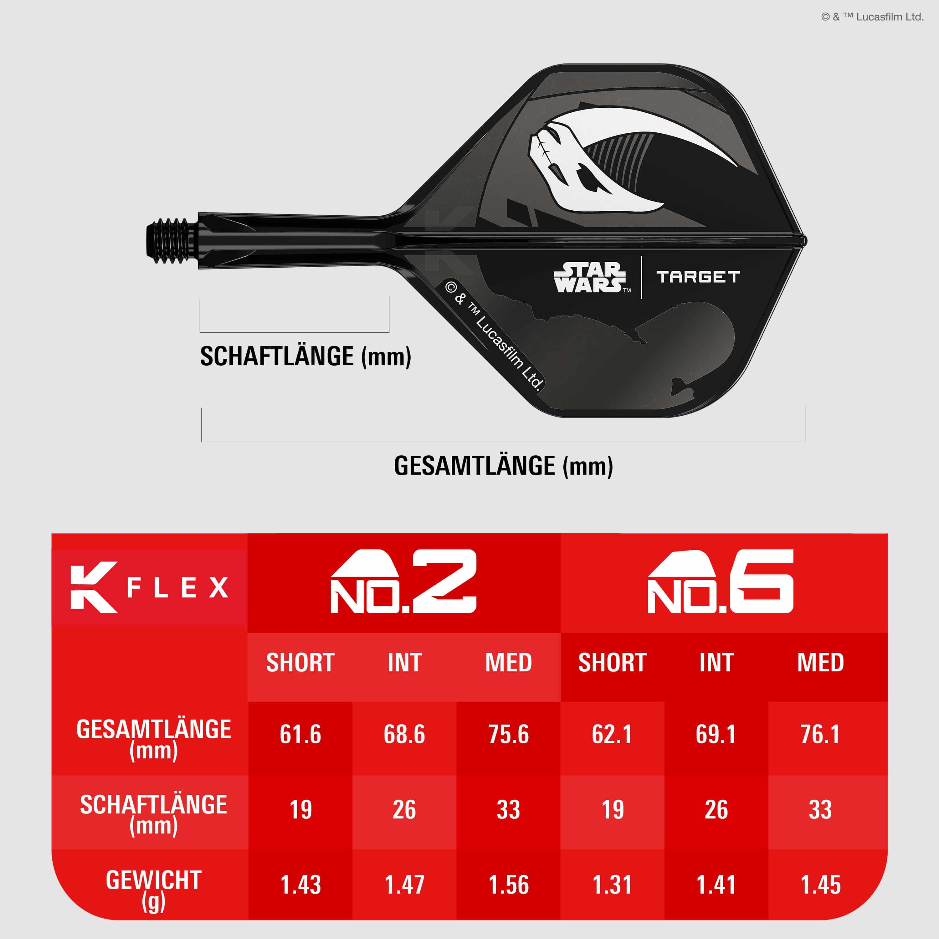 Target Star Wars K-Flex Set Mandalorian No2 Standard Flights Abgebildet ist das Target Star Wars K-Flex-Set Mandalorian No2 Standard Flights. Die Flights zeigen ein Design im Stil von Mandalorian aus Star Wars.