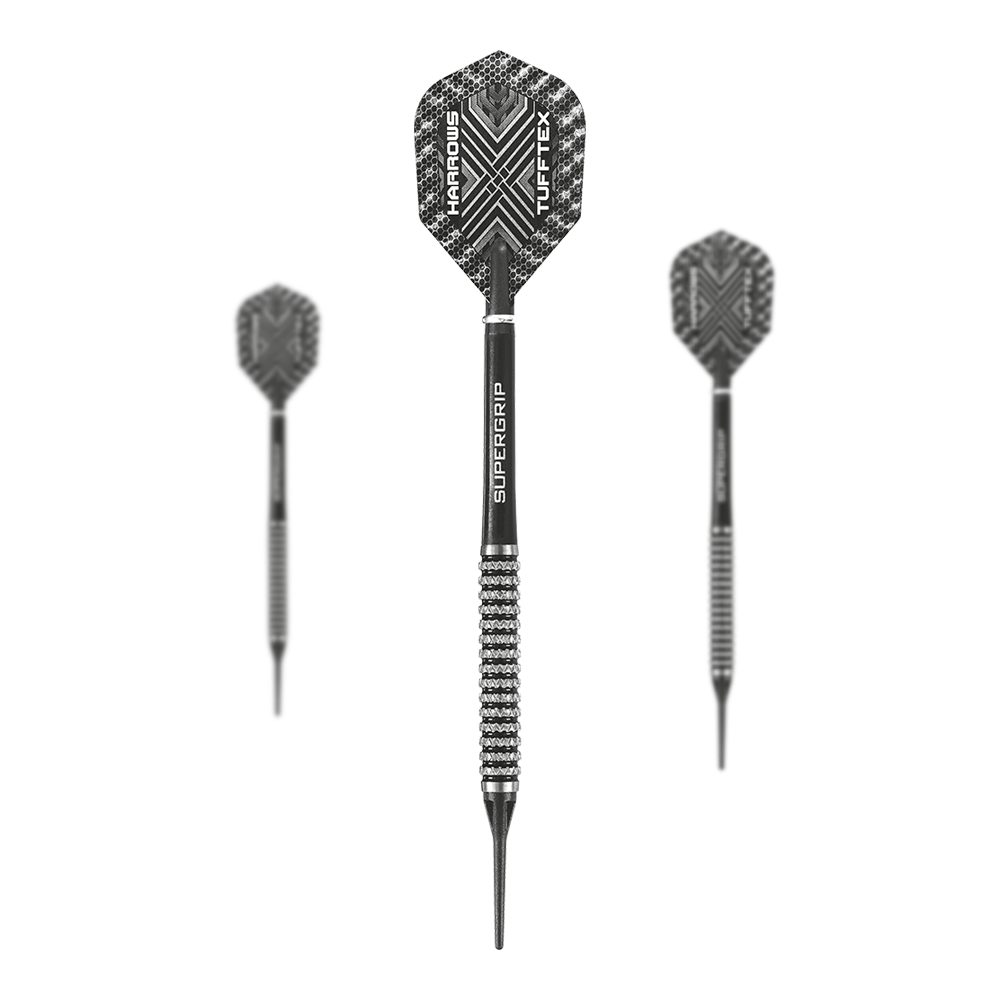 Harrows Nemesis Soft Darts Das Bild zeigt drei Harrows Nemesis Softdarts mit schwarzem und silbernem Design. Die Darts haben strukturierte Griffe und auffällige Flights mit dem Schriftzug "Harrows TUFFTEX".