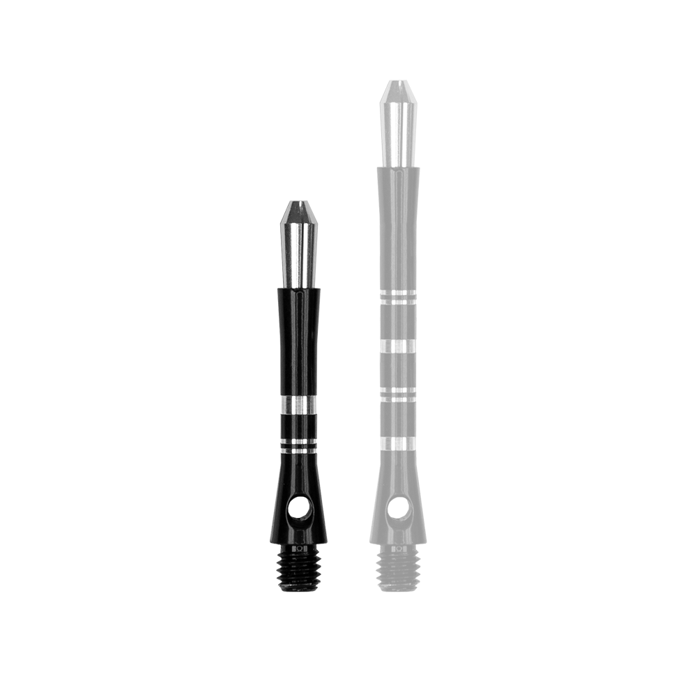 560_Target_Colette_Shafts_Schwarz_35mm_1oyYTYTvlzjUdm Das Bild zeigt zwei schwarze Harrows Colette Shafts in unterschiedlichen Längen. Sie haben silberne Akzente und sind für Dartpfeile gedacht.
