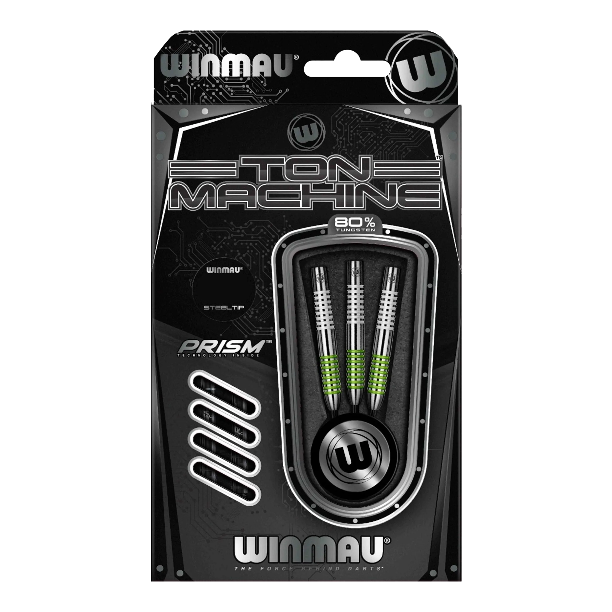 Die Abbildung zeigt die Winmau Ton Machine Steeldarts. Es handelt sich um hochwertige Dartpfeile für Steeldartspiele.