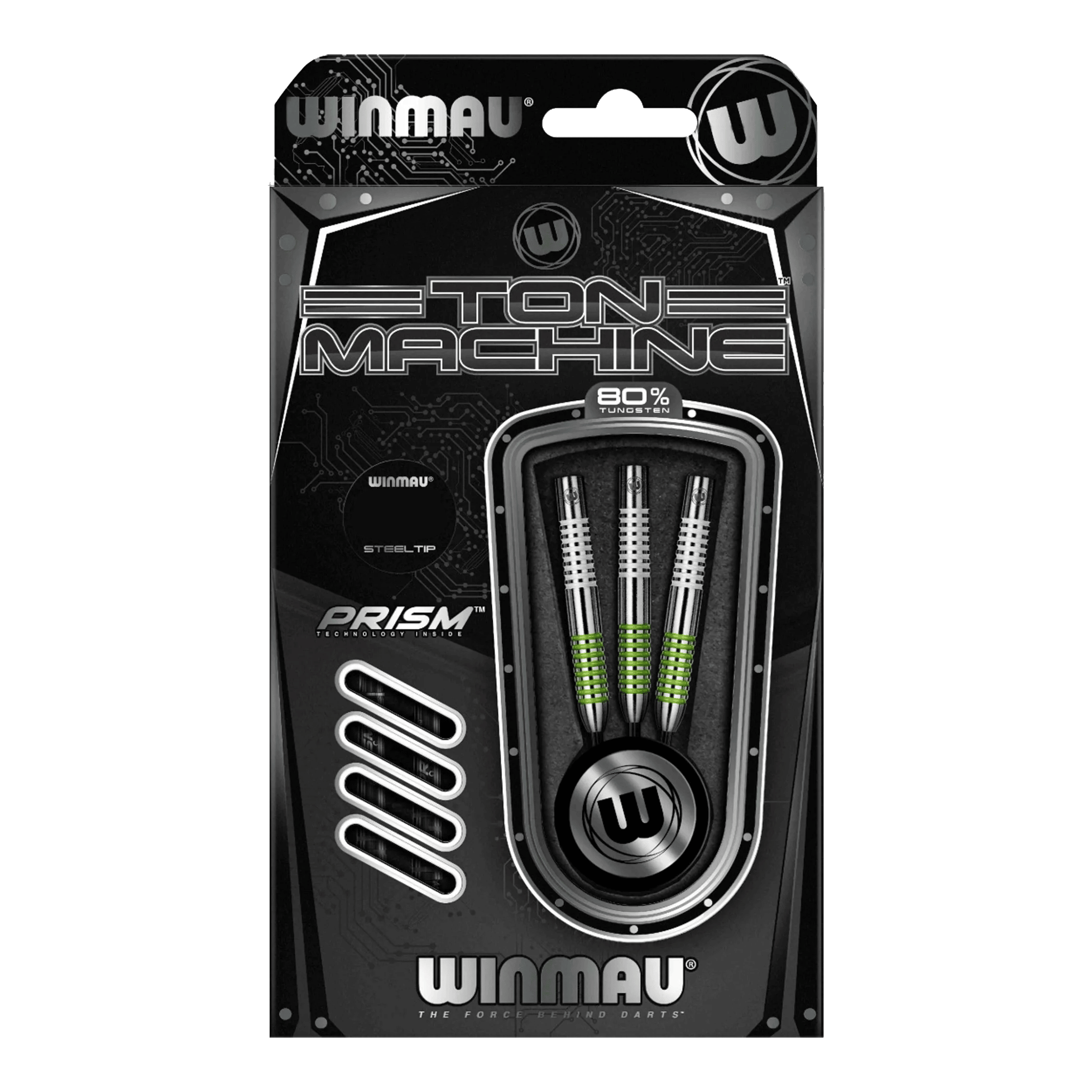 Winmau Ton Machine steel darts Die Abbildung zeigt die Winmau Ton Machine Steeldarts. Es handelt sich um hochwertige Dartpfeile für Steeldartspiele.