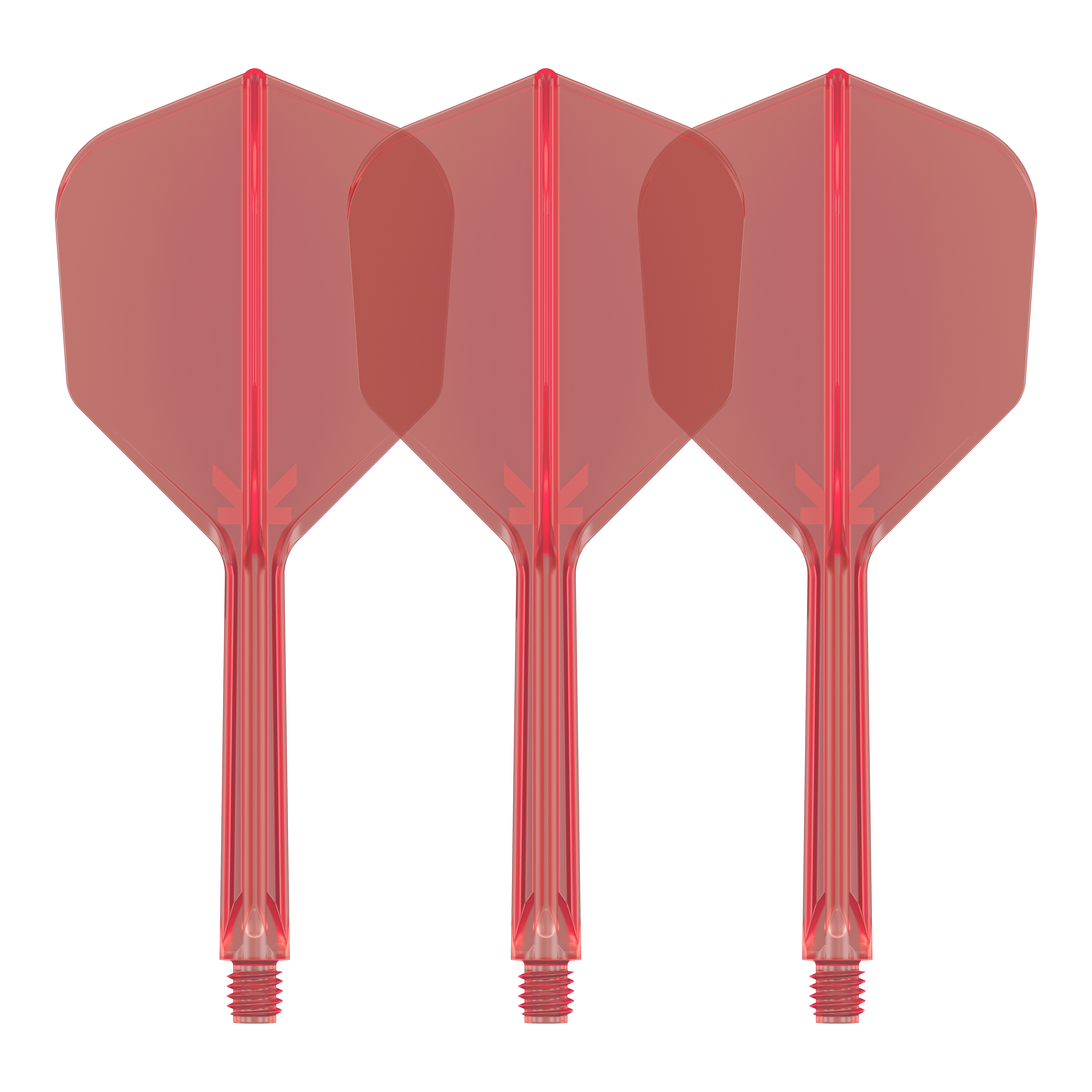 Target K-Flex No6 Flight System - Red Auf dem Bild sind drei rote Dart-Flights mit integrierten Schäften zu sehen. Sie stehen nebeneinander und sind identisch gestaltet.
