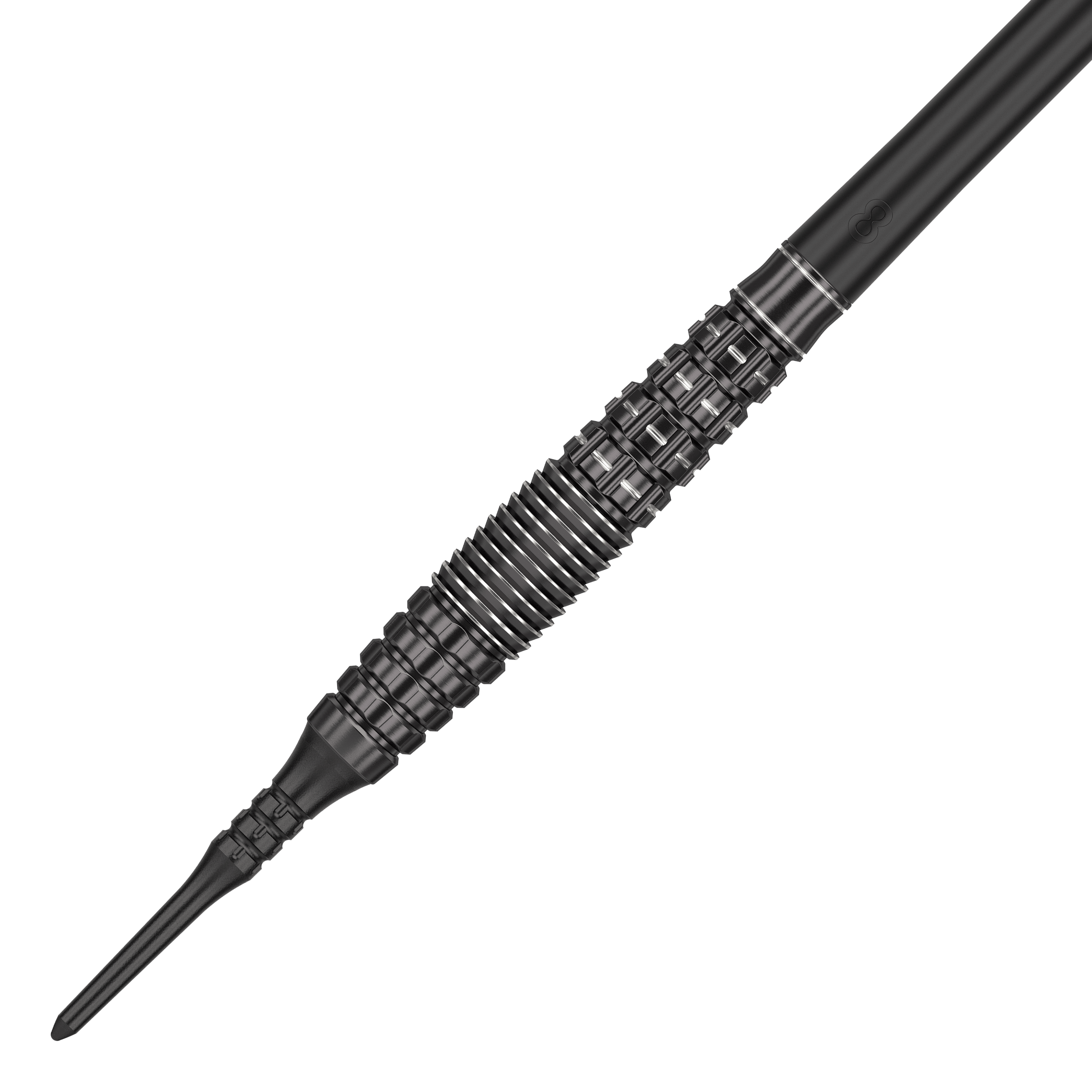 Target Japan Black Marque Phantom Soft Darts - 18g Dies ist ein schwarzer Softdart namens "Target Japan Black Marque Phantom Softdarts - 18g". Der Dart hat ein auffälliges, geometrisch gemustertes Barrel-Design.