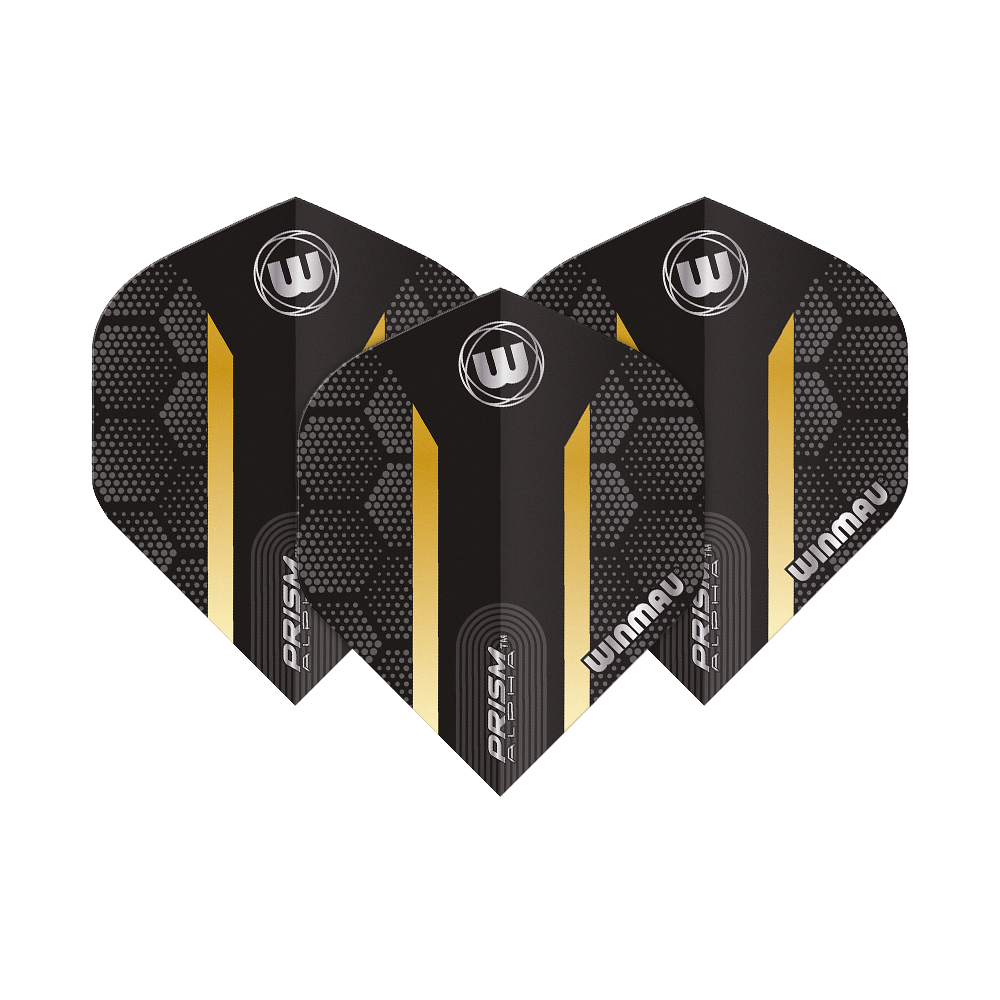 6915-185_Winmau_Prism_Alpha_Gold_Standard_Flights_1l7Zc5wEcStypV Das Bild zeigt die Winmau Prism Alpha Gold Standard Flights für Dartpfeile. Die Flights sind schwarz mit einem goldenen Streifen und geometrischem Muster gestaltet.