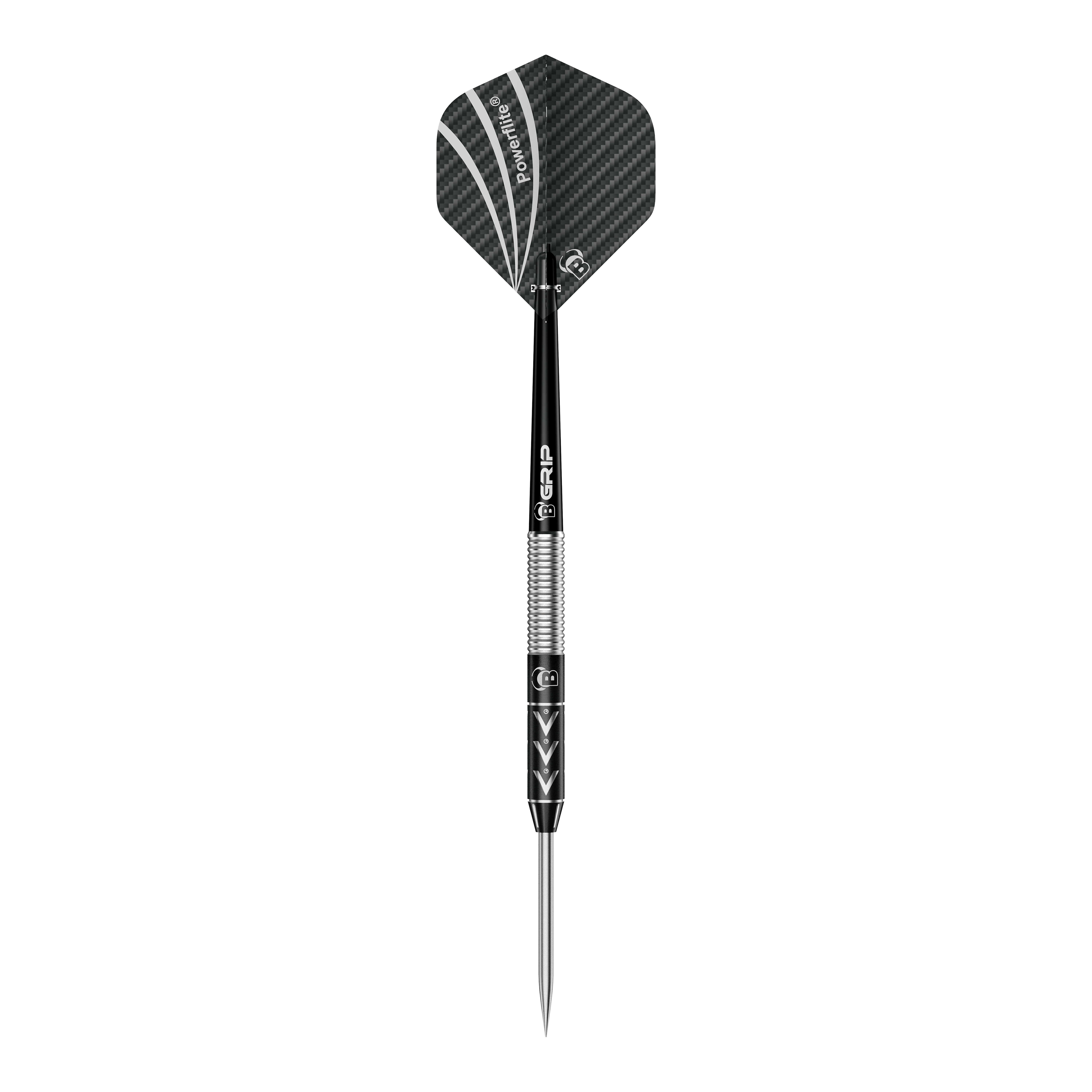 Das Bild zeigt einen Steeldart namens "Bulls Challenger Arno Merk Steeldarts - 22g". Der Dartpfeil ist schwarz-silber und hat ein modernes Design mit strukturiertem Schaft und schwarzer Flight.