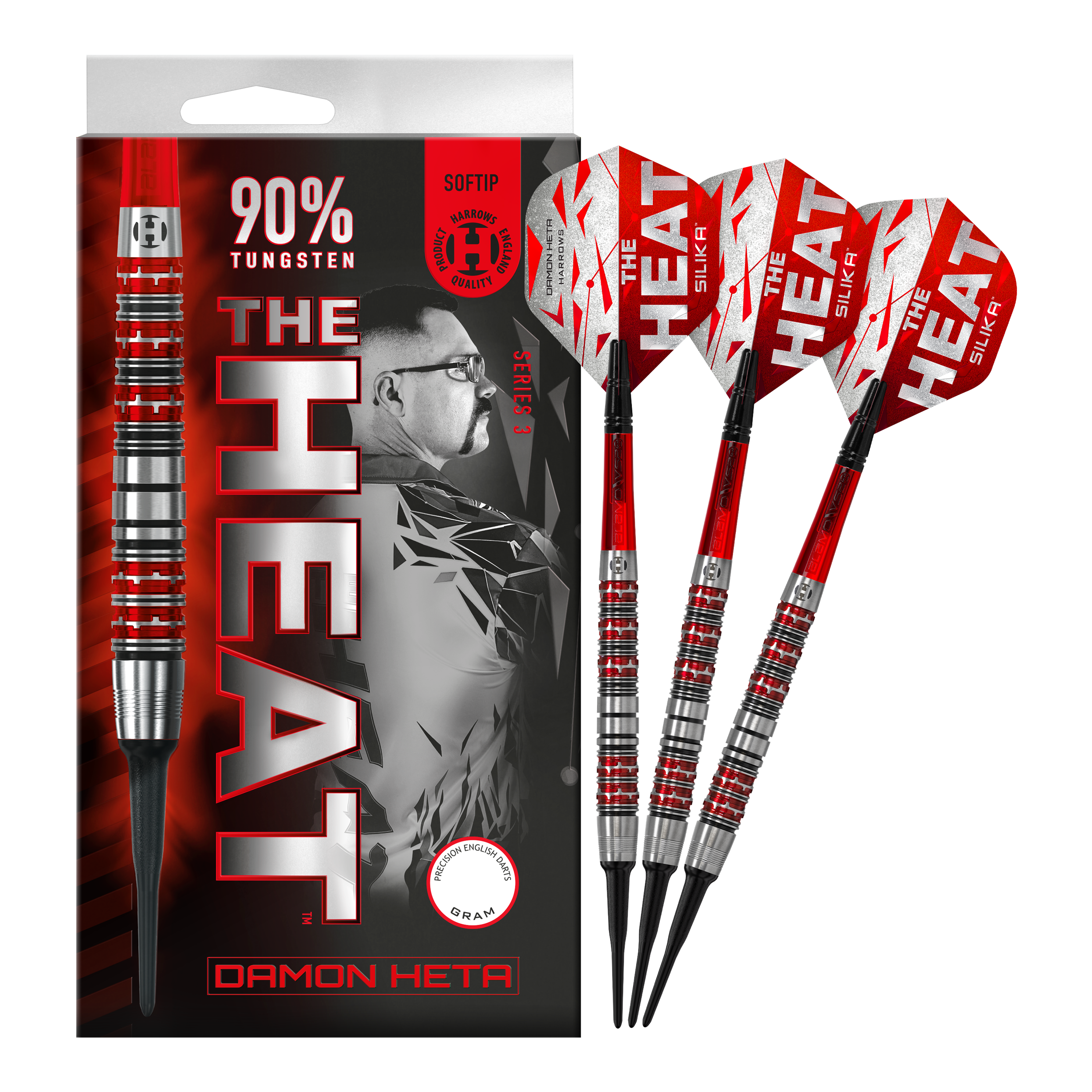 Harrow's Damon Heta Series 3 soft darts Das Bild zeigt eine Packung Harrows Damon Heta Series 3 Softdarts mit drei Darts daneben. Die Darts sind silber und rot, und auf der Verpackung steht "THE HEAT" sowie "90% Tungsten".