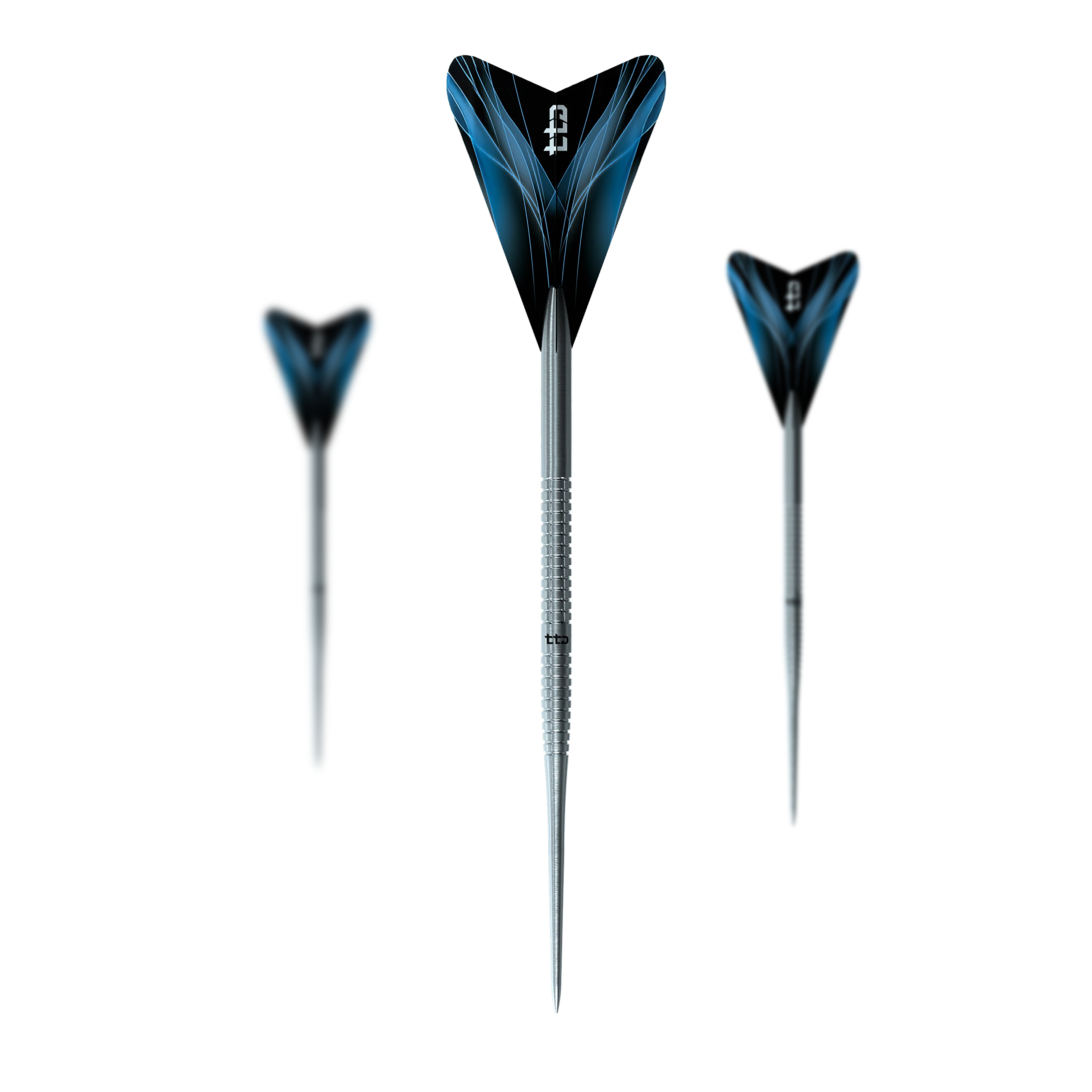 Das Foto zeigt ein Set der Caliburn TTD Complete Titanium T1 Silver Steeldarts - 5g. Es sind hochwertige Steeldarts aus Titan für das Dartspiel.