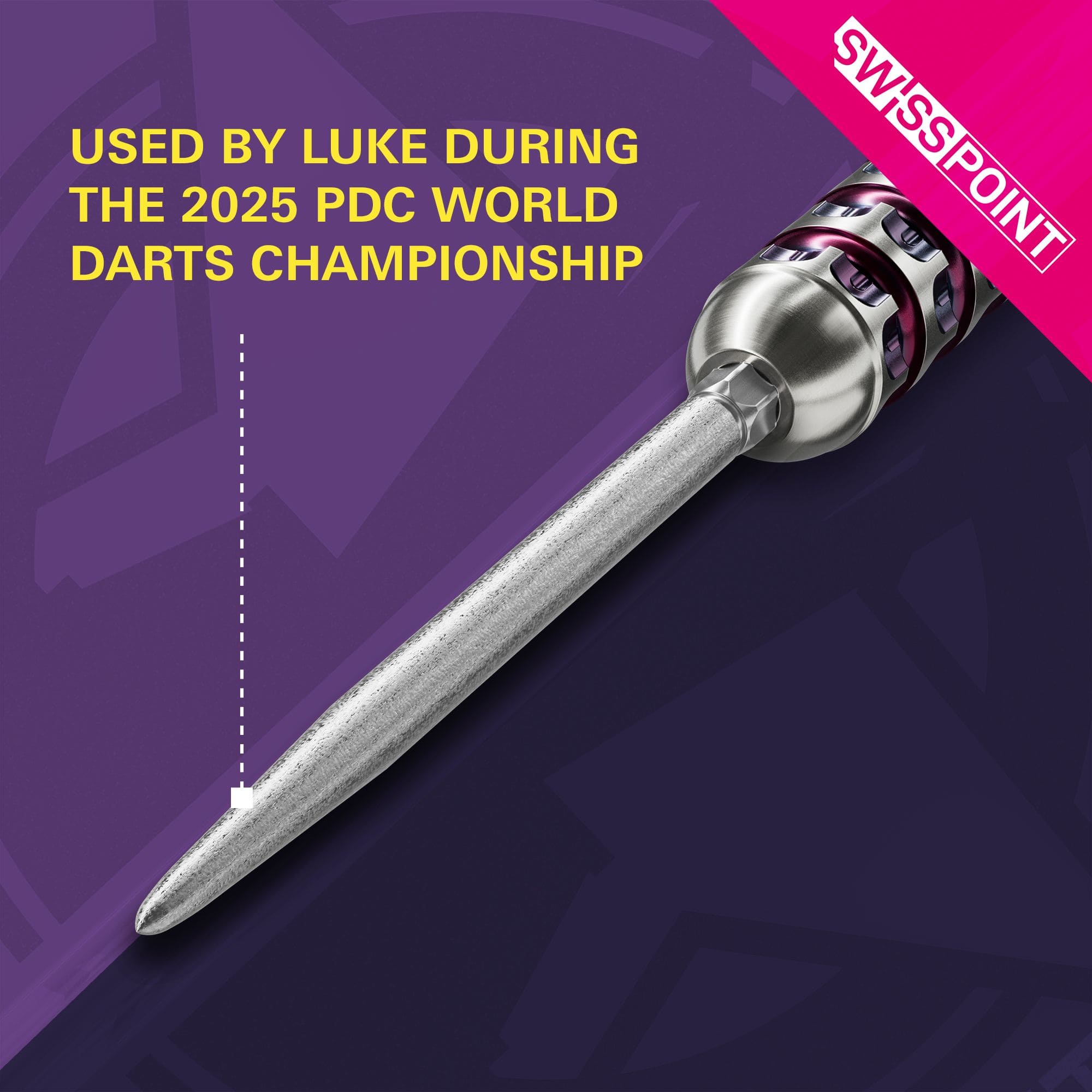 Das Bild zeigt die silberne Dartspitze „Target Swiss Point SLK“. Sie wurde laut Aufschrift von Luke während der PDC Darts Weltmeisterschaft 2025 verwendet.