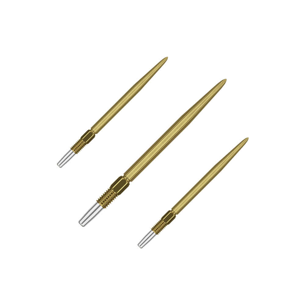 Target Swiss Point Nano Dart Tips - Gold Auf dem Bild sind drei goldfarbene Dartspitzen zu sehen. Sie haben eine feine Riffelung und ein silbernes Schraubgewinde am Ende.