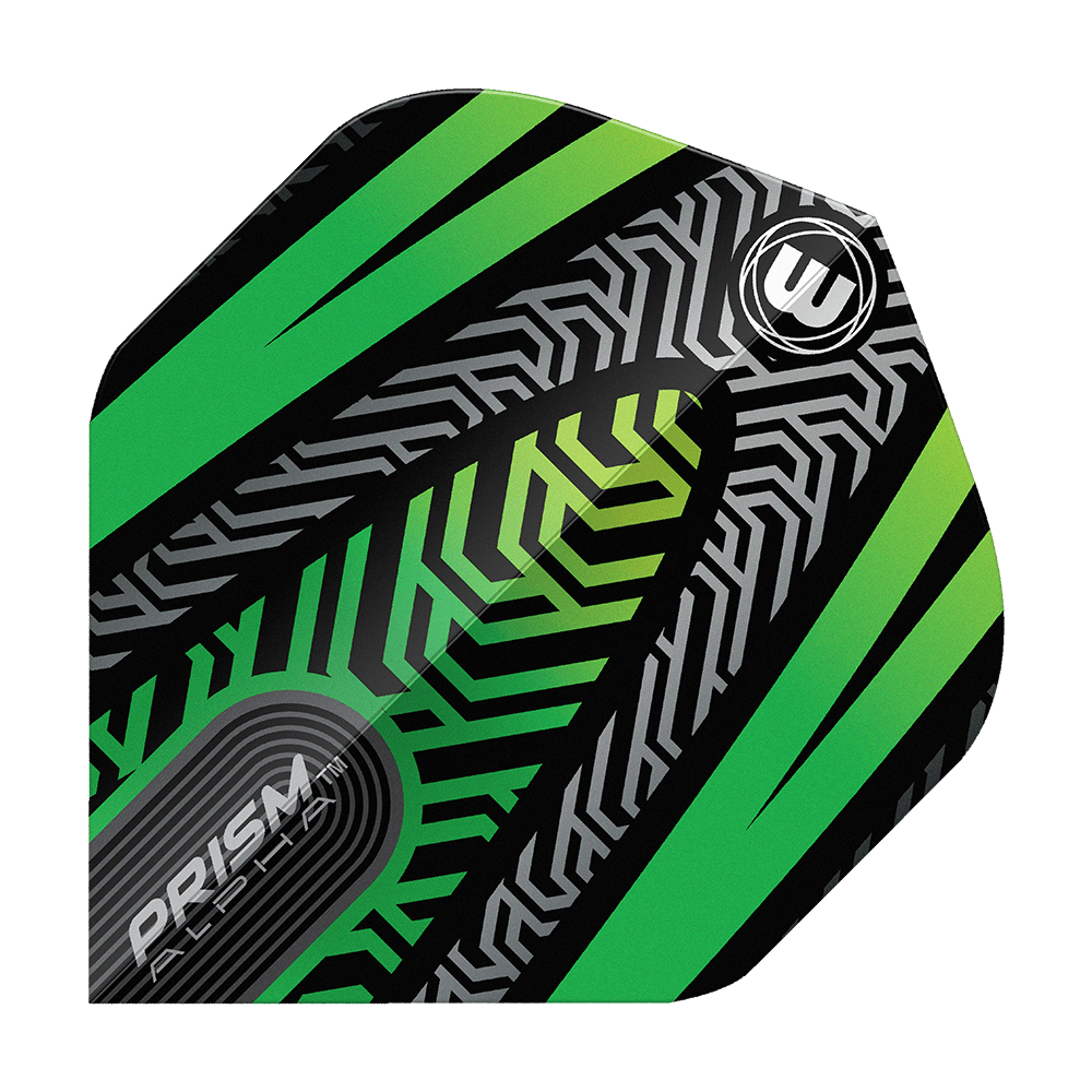 Winmau Prism Alpha Black Green No. 2 Standard Flights Ein einzelner Winmau Prism Alpha Schwarz No2 Standard Flight wird präsentiert. Konturen und Details sind klar zu erkennen.