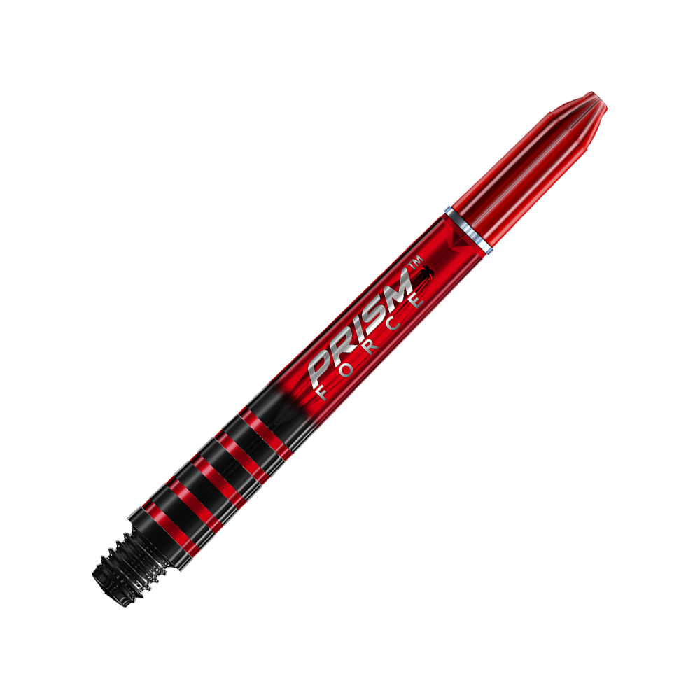 7020-404_Winmau_Prism_Force_Shafts_Rot_41mm_2 Das Bild zeigt einen roten Winmau Prism Force Shafts für Darts. Der Hintergrund ist mit schrägen, roten und weißen Streifen gestaltet.