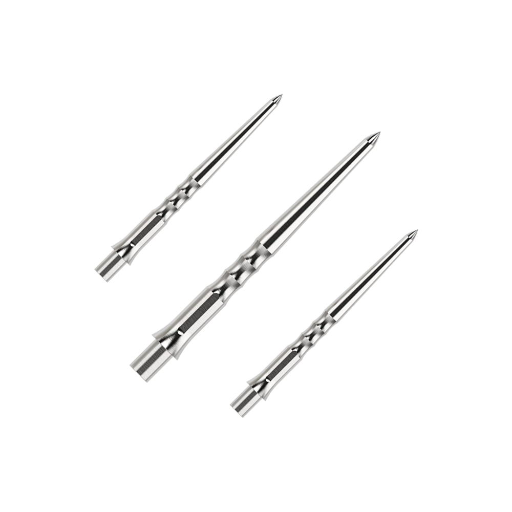 Das Bild zeigt einen Artikel mit dem Namen EVO011_Caliburn_Evo_System_Steeldartspitzen_Ripple_NoLip_Silber_28mm_1Set. Es handelt sich wahrscheinlich um ein Set aus silbernen Steeldartspitzen mit einer Länge von 28mm.