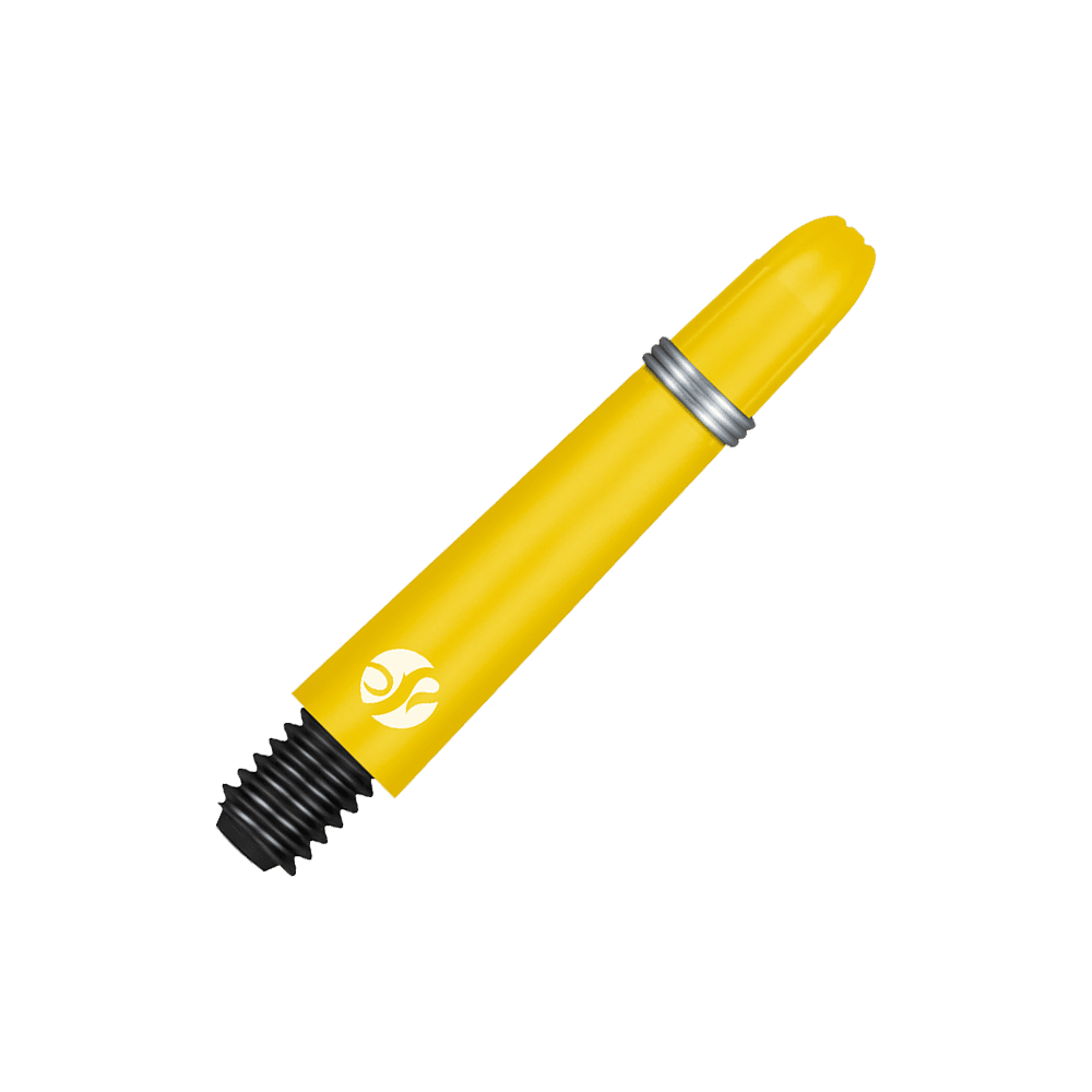 Shot Koi Carbon Shafts - Yellow Das Bild zeigt einen gelben Carbon-Schaft mit schwarzem Gewinde und silbernem Ring. Auf dem Schaft ist ein weißes Logo abgebildet.
