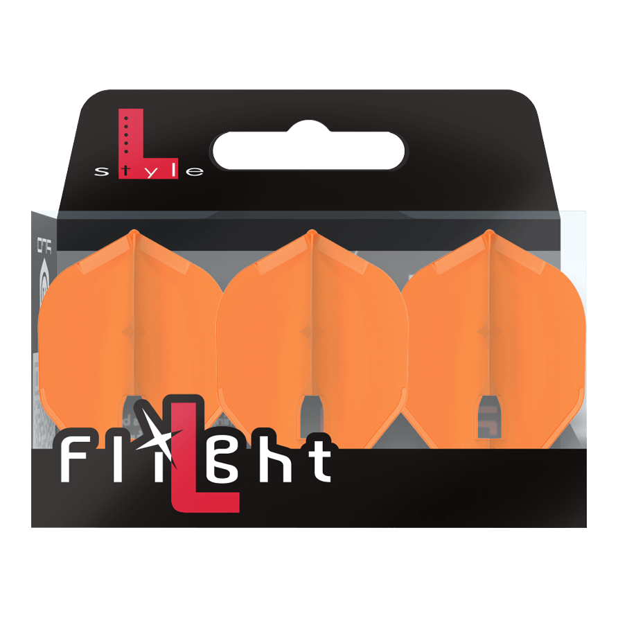 L-Style Flights Champagne - L1PRO Standard Auf dem Bild ist eine Packung mit drei orangefarbenen Dart-Flights zu sehen. Die Verpackung trägt die Aufschrift „L-Style Flight“.