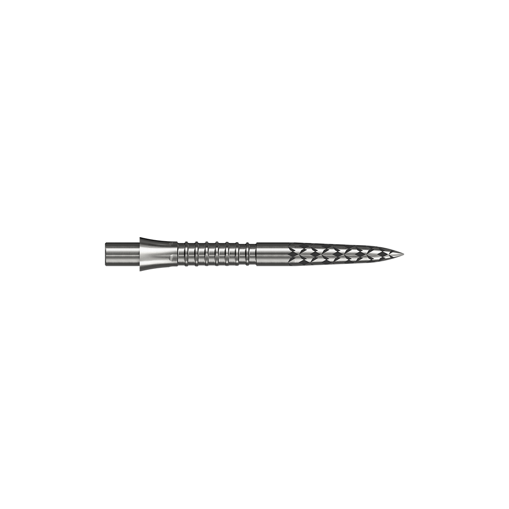 Mission Caliburn EVO dart tips GV logo - silver Abgebildet ist ein Steeldartspitze in silberner Farbe mit einer Länge von 26 mm. Das Bild stammt von der Datei M002127_Missoin_Caliburn_EVO_GV-Logo_Steeldartspitzen_Silber_26mm_2.