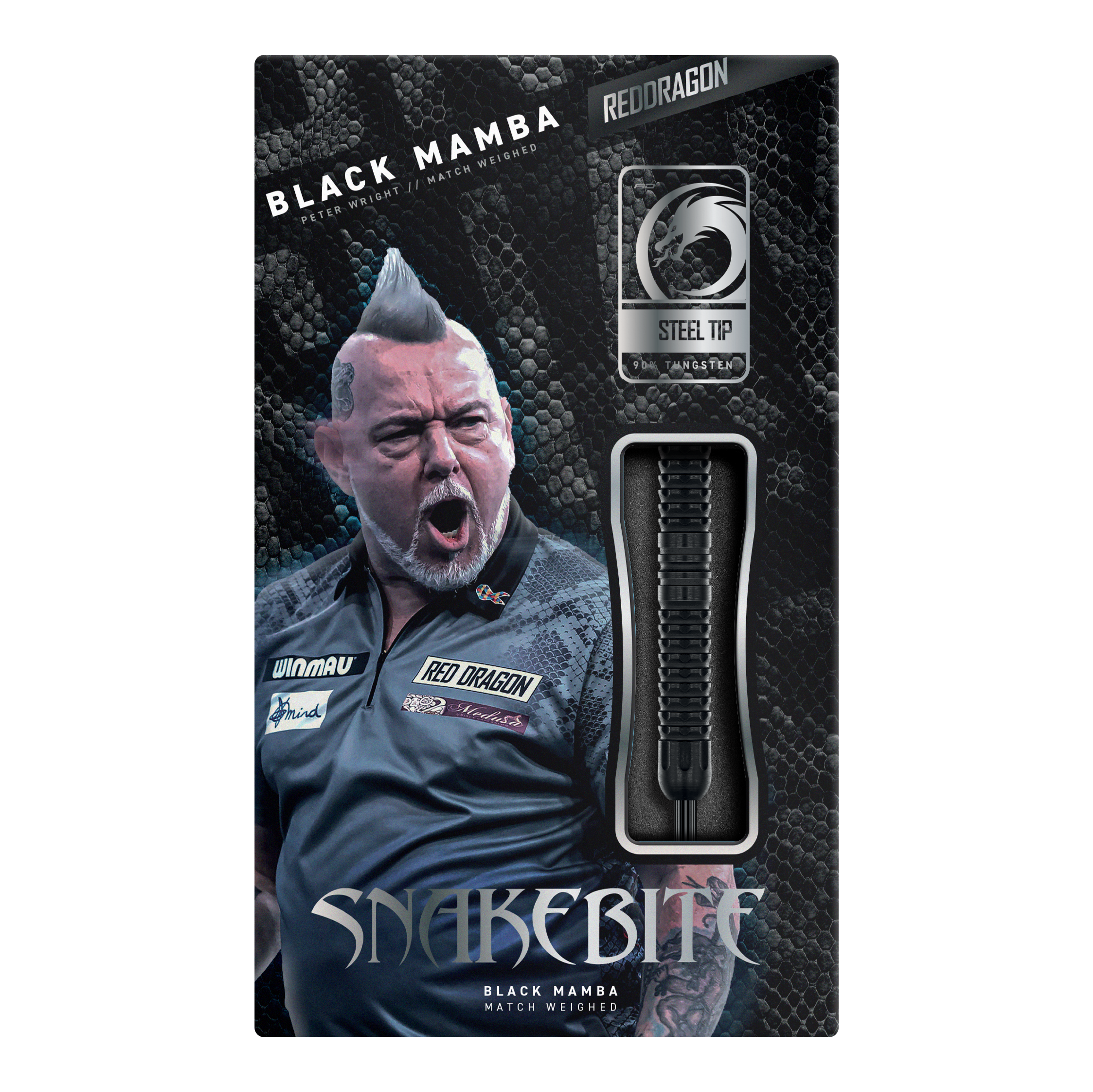Red Dragon Peter Wright Snakebite Black Mamba Steeldarts, Nahaufnahme von mehreren Darts. Hochwertige Verarbeitung und modernes Design.