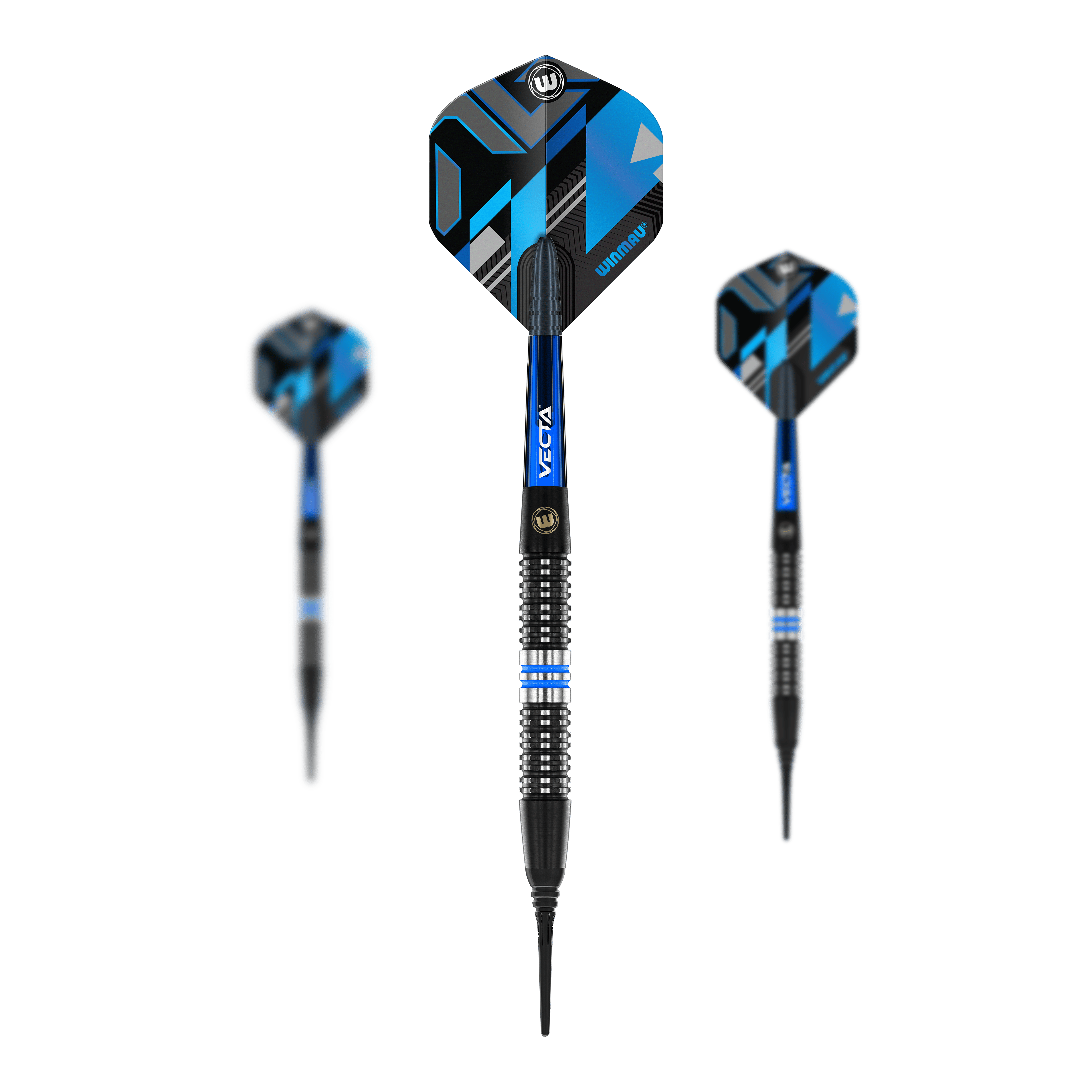 Winmau Galactics soft darts - 20g Das Bild zeigt drei Winmau Galactics Softdarts mit einem Gewicht von 20g. Die Darts haben ein modernes Design in Blau und Schwarz mit markanten Linien auf den Flights.