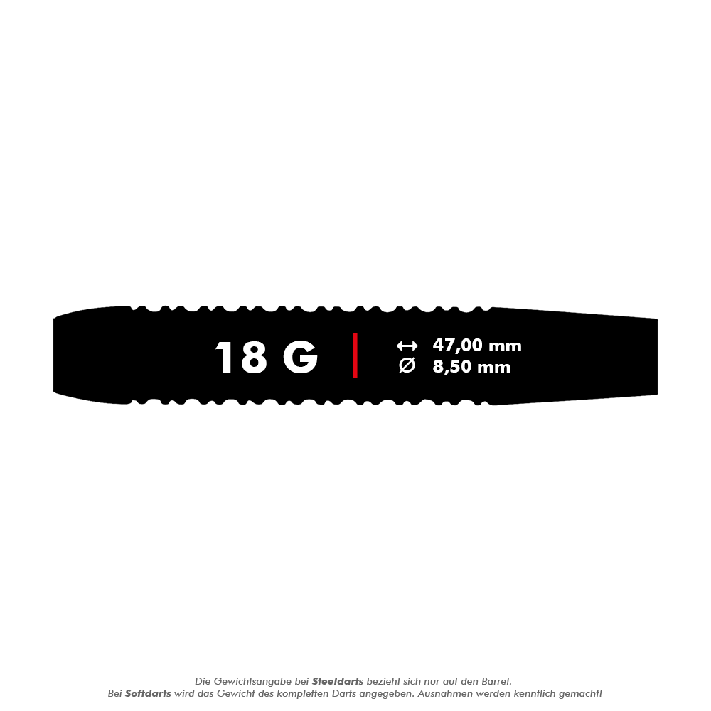 23662_Unicorn_Gary_Anderson_Black_Brass_Softdarts_5_18g Das Bild zeigt die Maße und das Gewicht der Unicorn Gary Anderson Black Brass Softdarts – 18g. Der Dart wiegt 18 Gramm, ist 47,00 mm lang und hat einen Durchmesser von 8,50 mm.