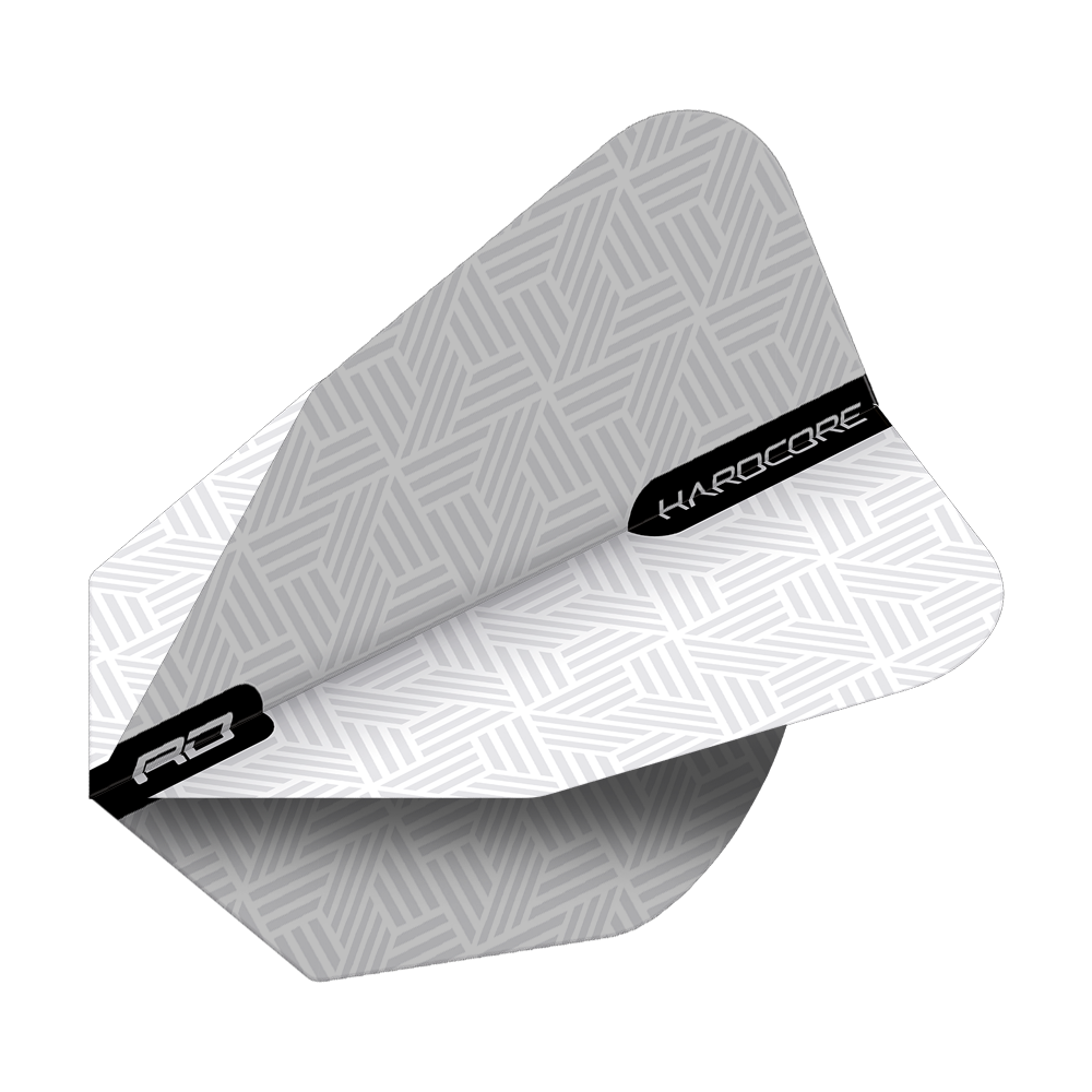 TF6848_Red_Dragon_White_V-Standard_Flights_2tNkFitBtu1GOB Das Bild zeigt das Produkt "Red Dragon White V-Standard Flights" für Darts. Die Flights sind weiß mit einem dezenten, geometrischen Muster und schwarzen Akzenten.